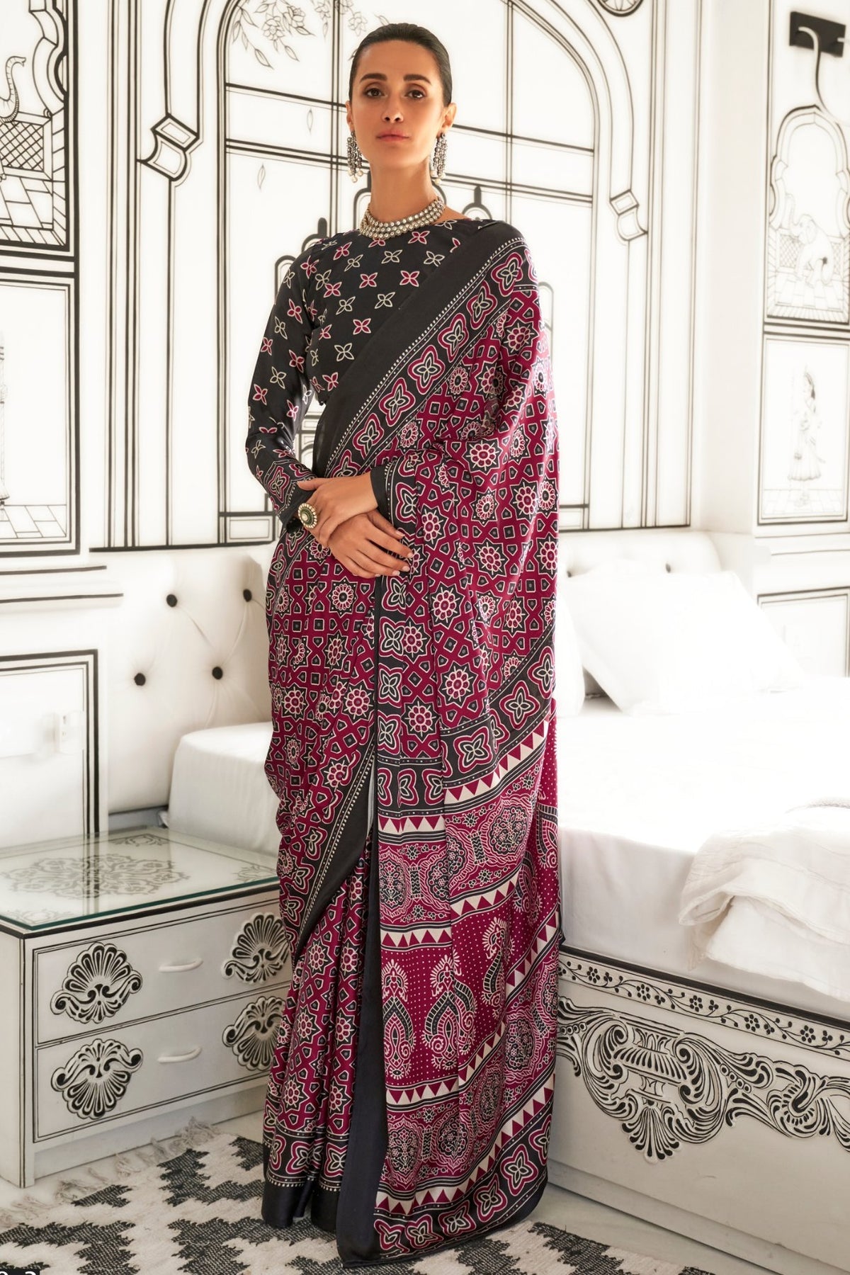 Deep Maroon Ajrakh Printed Satin Crepe Saree