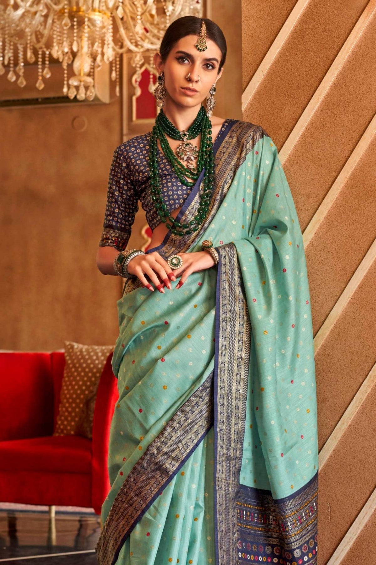 Mint Blue and Navy Printed Patola Saree