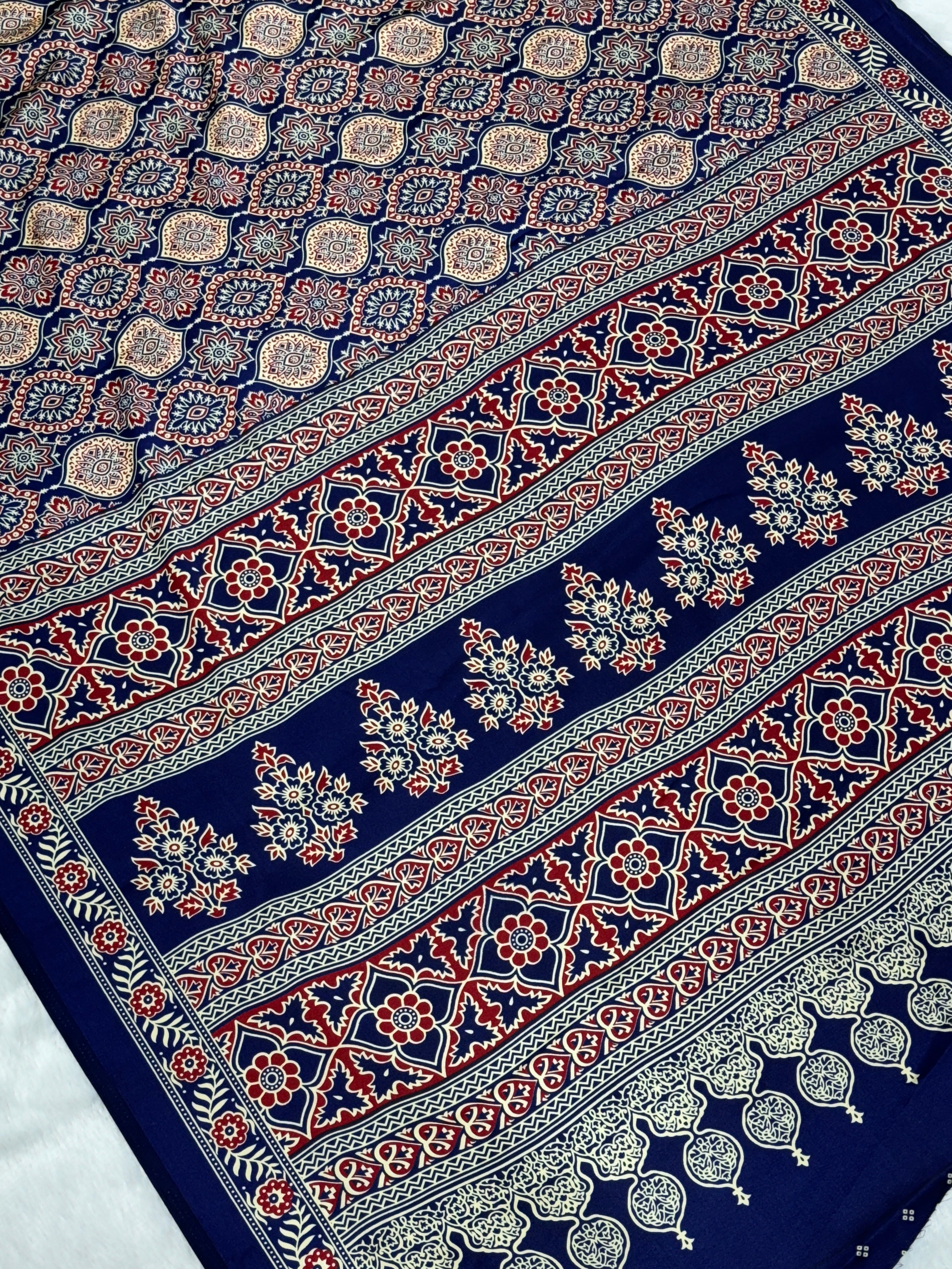 Blue Printed Ajrakh Satin Crepe Silk Saree