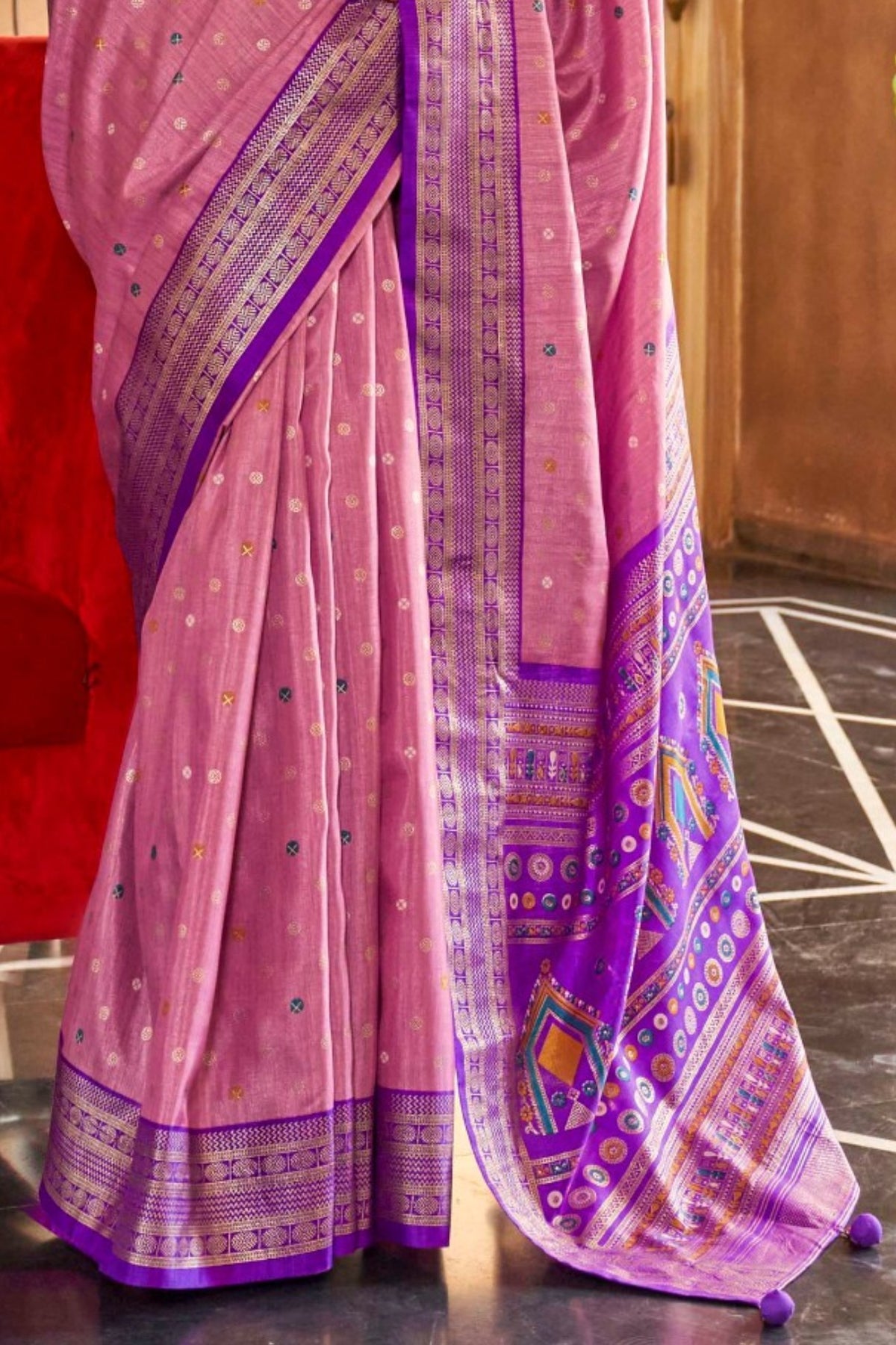 Rose Pink and Purple Accents Printed Patola Saree