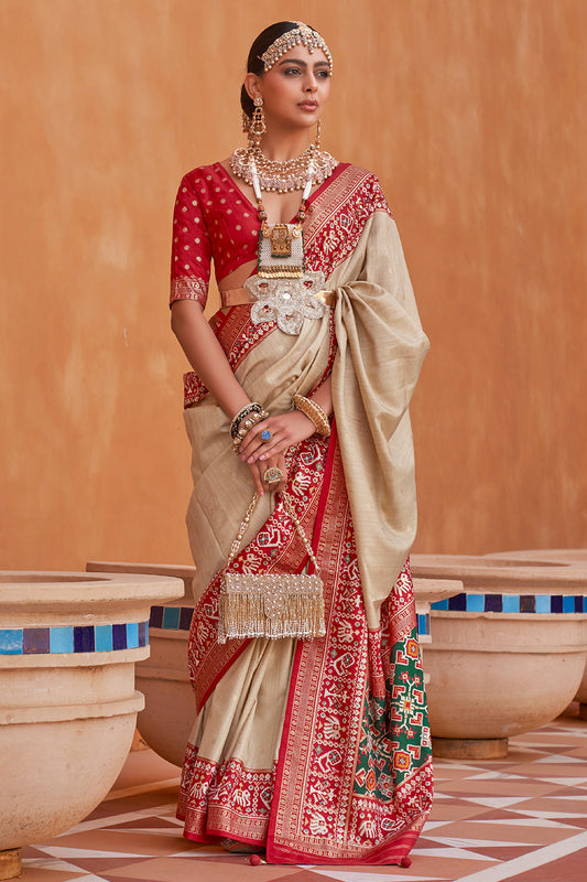 Elegant Beige Handwoven Patola Silk Saree