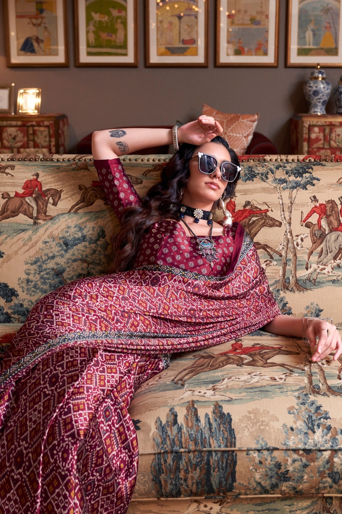 Maroon Ajrakh Patola Printed Satin Crepe Saree