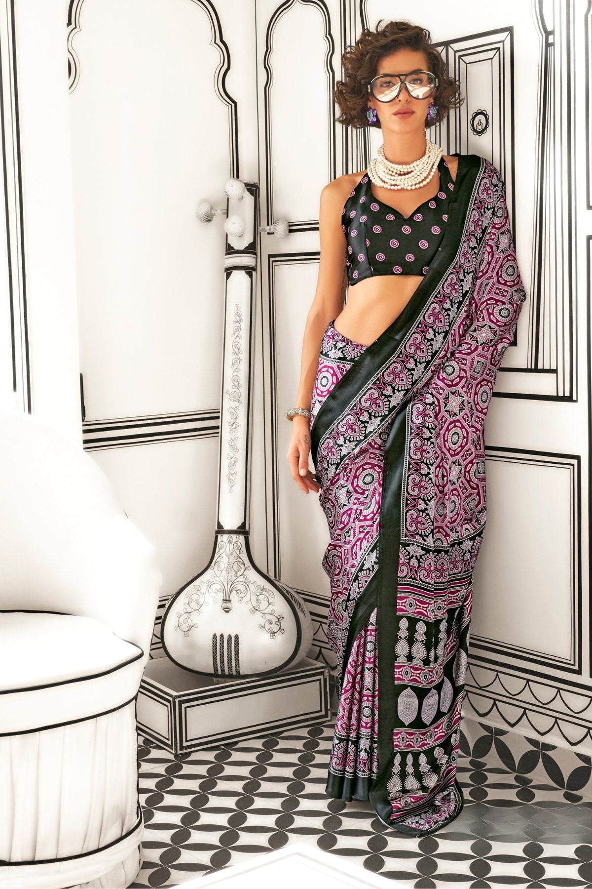 Magenta Ajrakh Printed Satin Crepe Saree