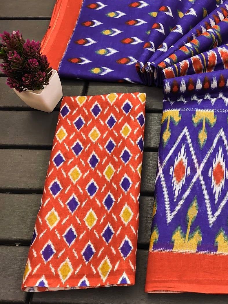 Royal Blue and Orange Ikkat Cotton Saree