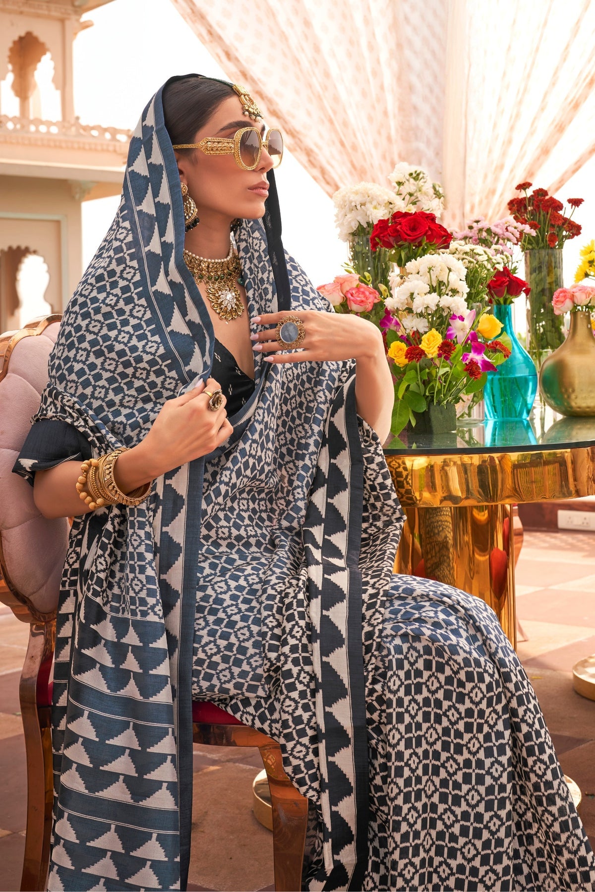 Dusty Blue Silk Ikkat Patola Saree