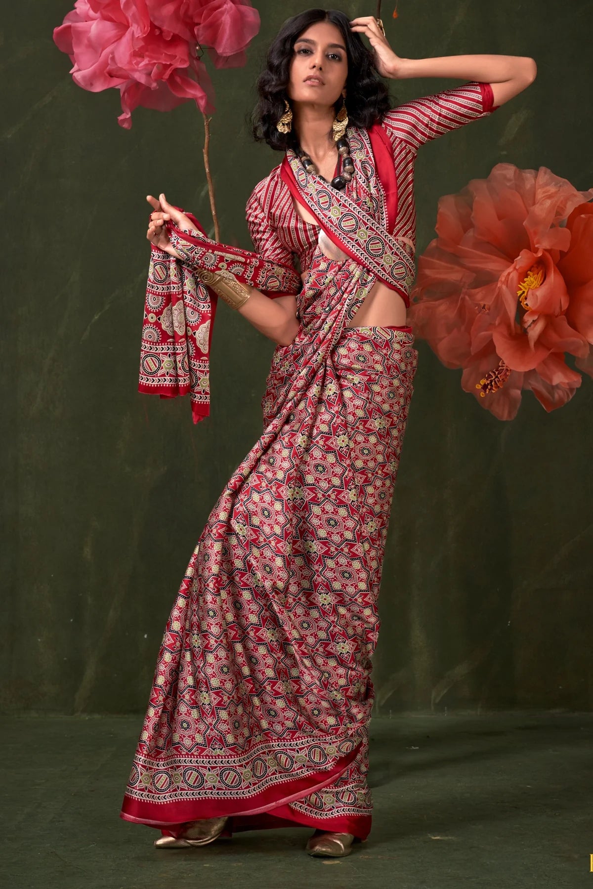 Red Ajrakh Printed Satin Crepe Silk Saree