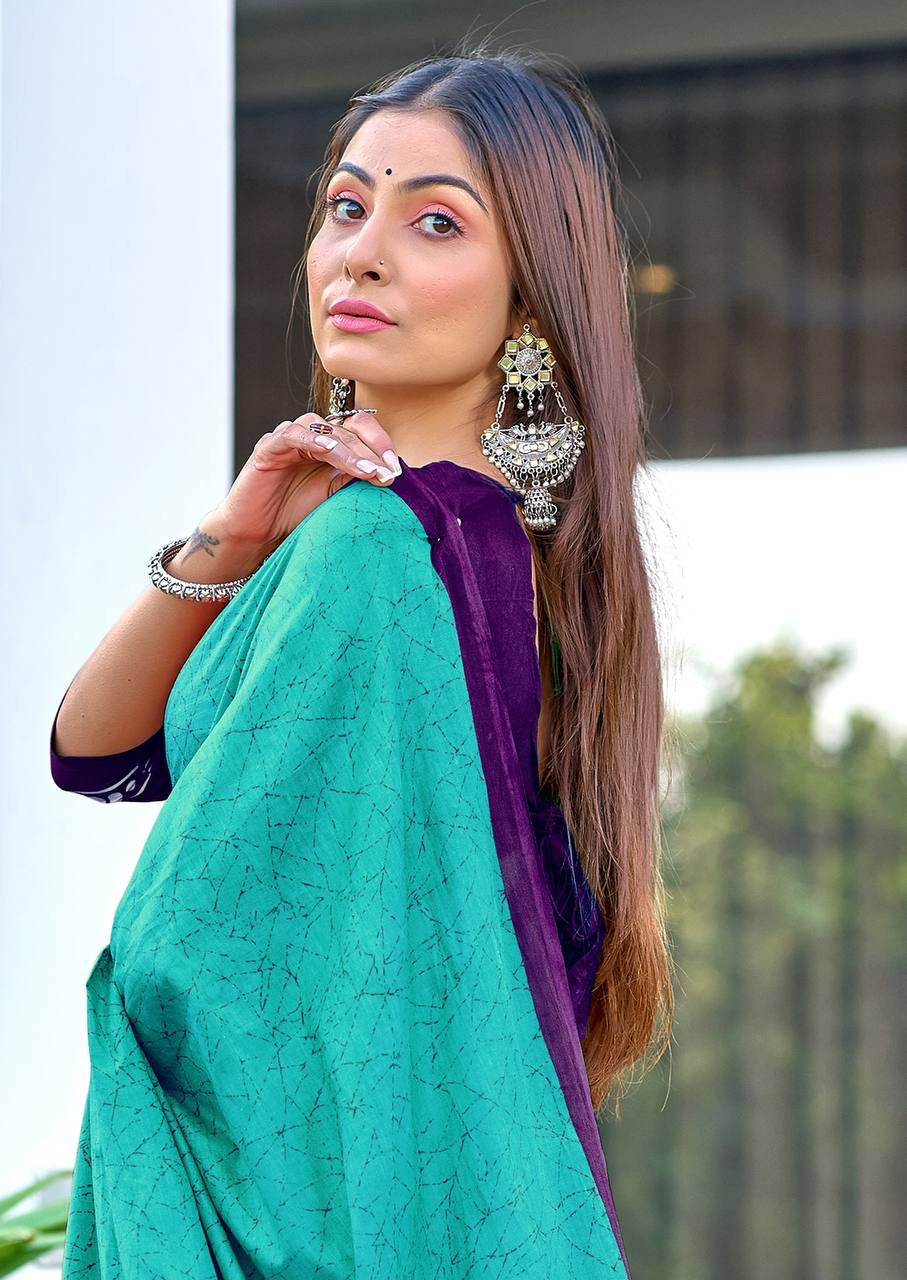 Teal and Purple Cotton Saree with Contemporary Geometric Patterns
