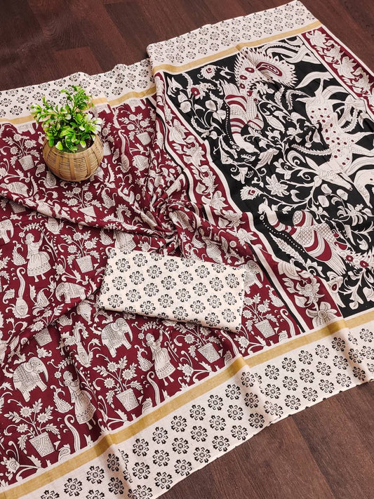 Graceful Maroon and Black Kalamkari Cotton Saree