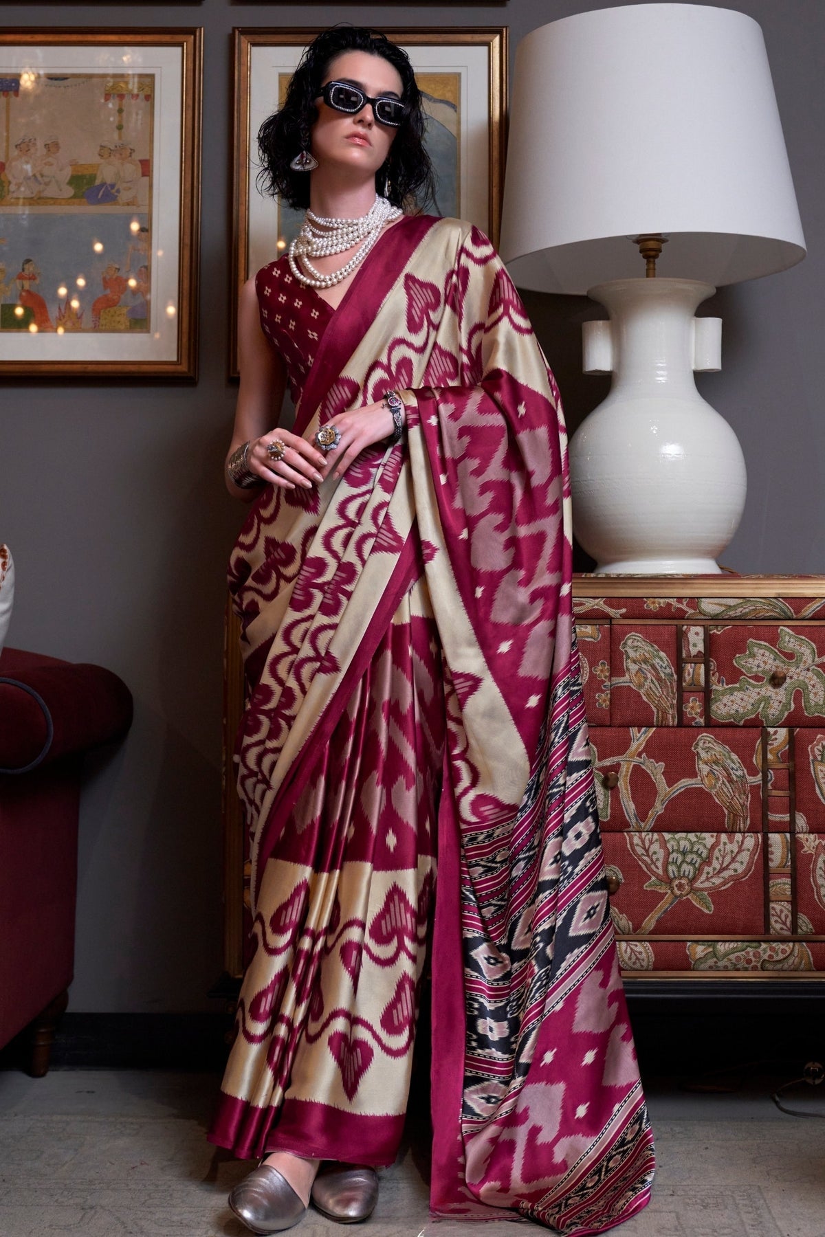 Aesthetic Maroon Ajrakh Patola Printed Satin Crepe Saree