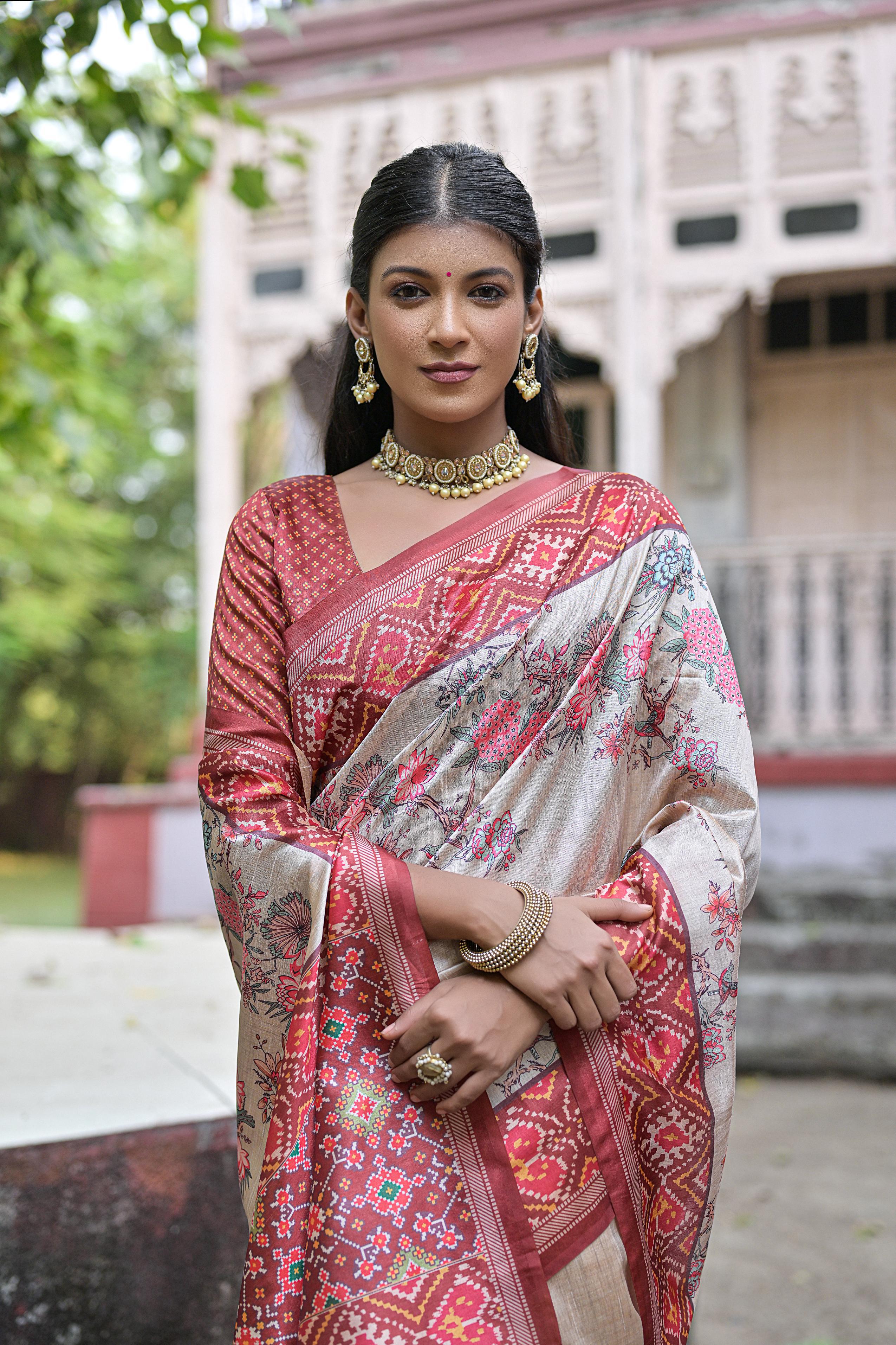 Red & Beige Patola Silk Saree