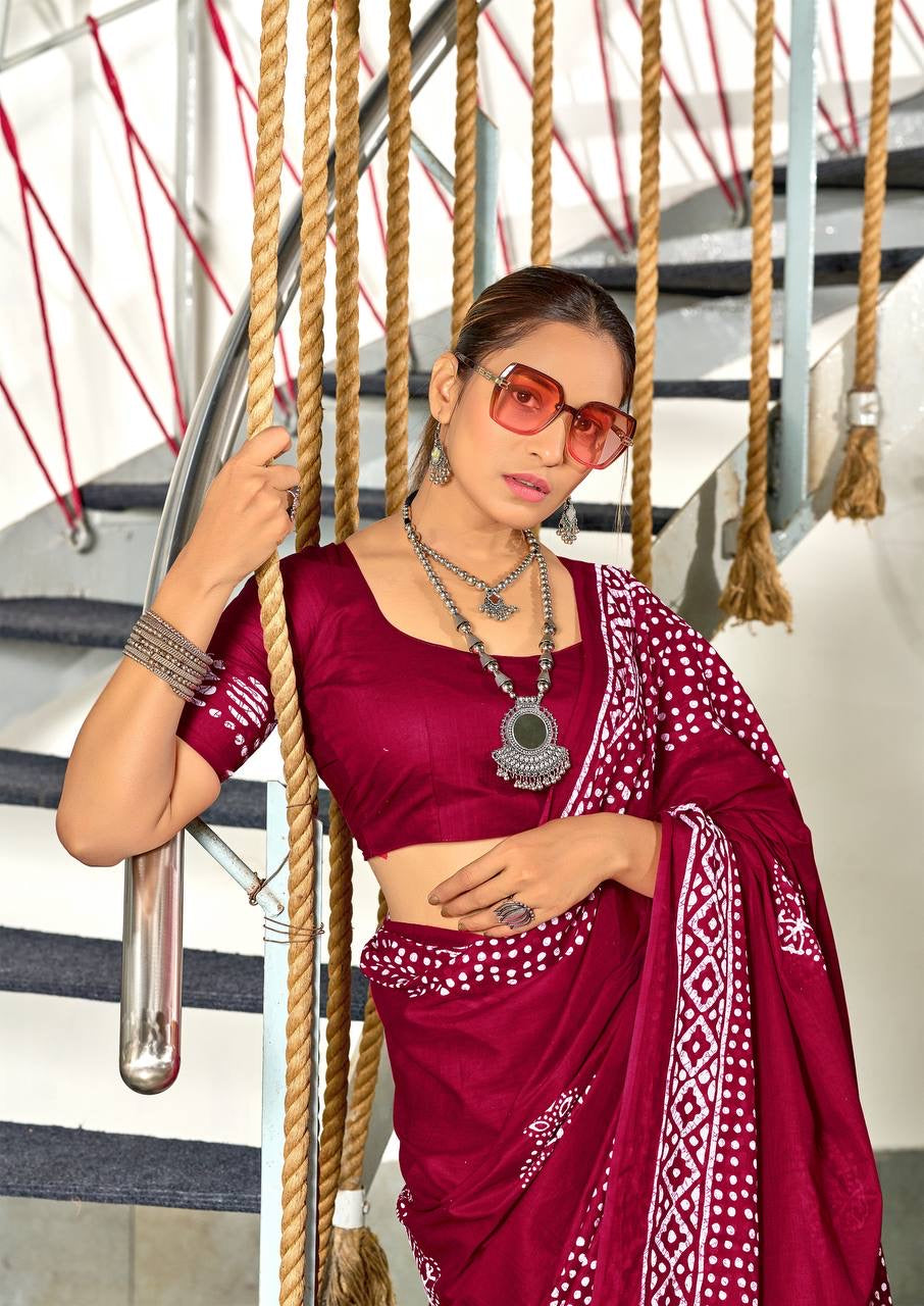 Maroon Bandhani Cotton Saree