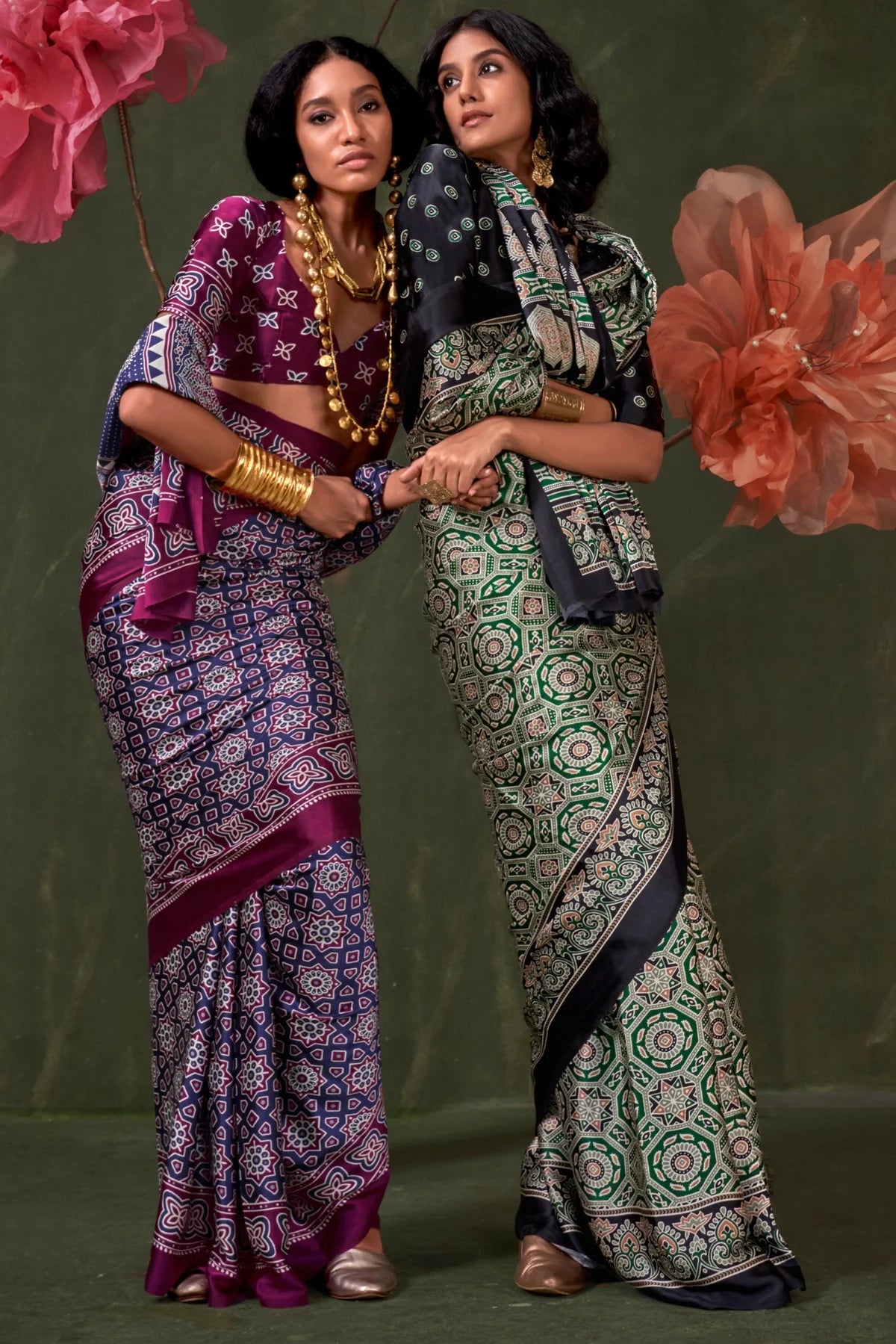 Purple Ajrakh Printed Satin Crepe Silk Saree