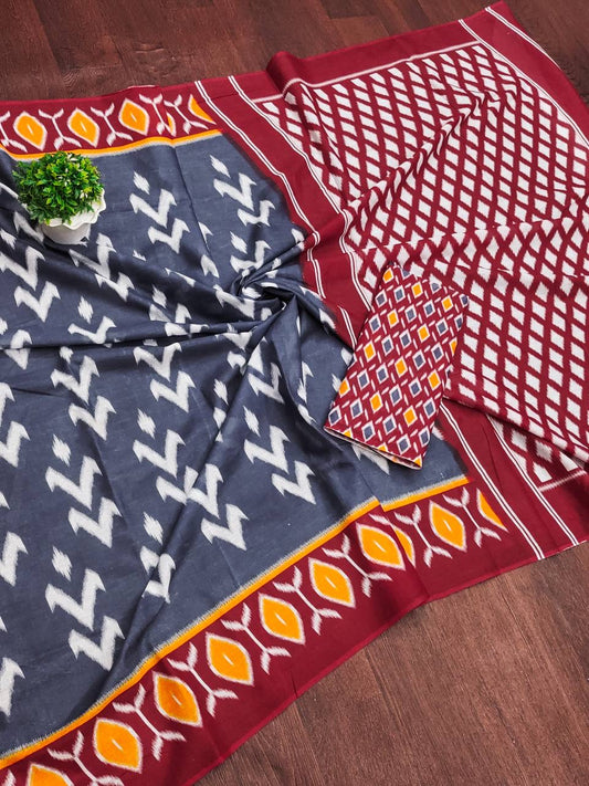 Elegant Grey and Maroon Ikat Cotton Silk Saree