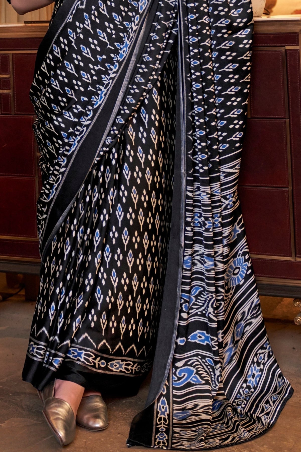 Spider Black Ajrakh Patola Printed Satin Crepe Saree