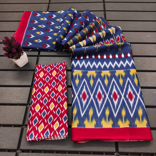 Navy Blue and Red Ikkat Cotton Saree