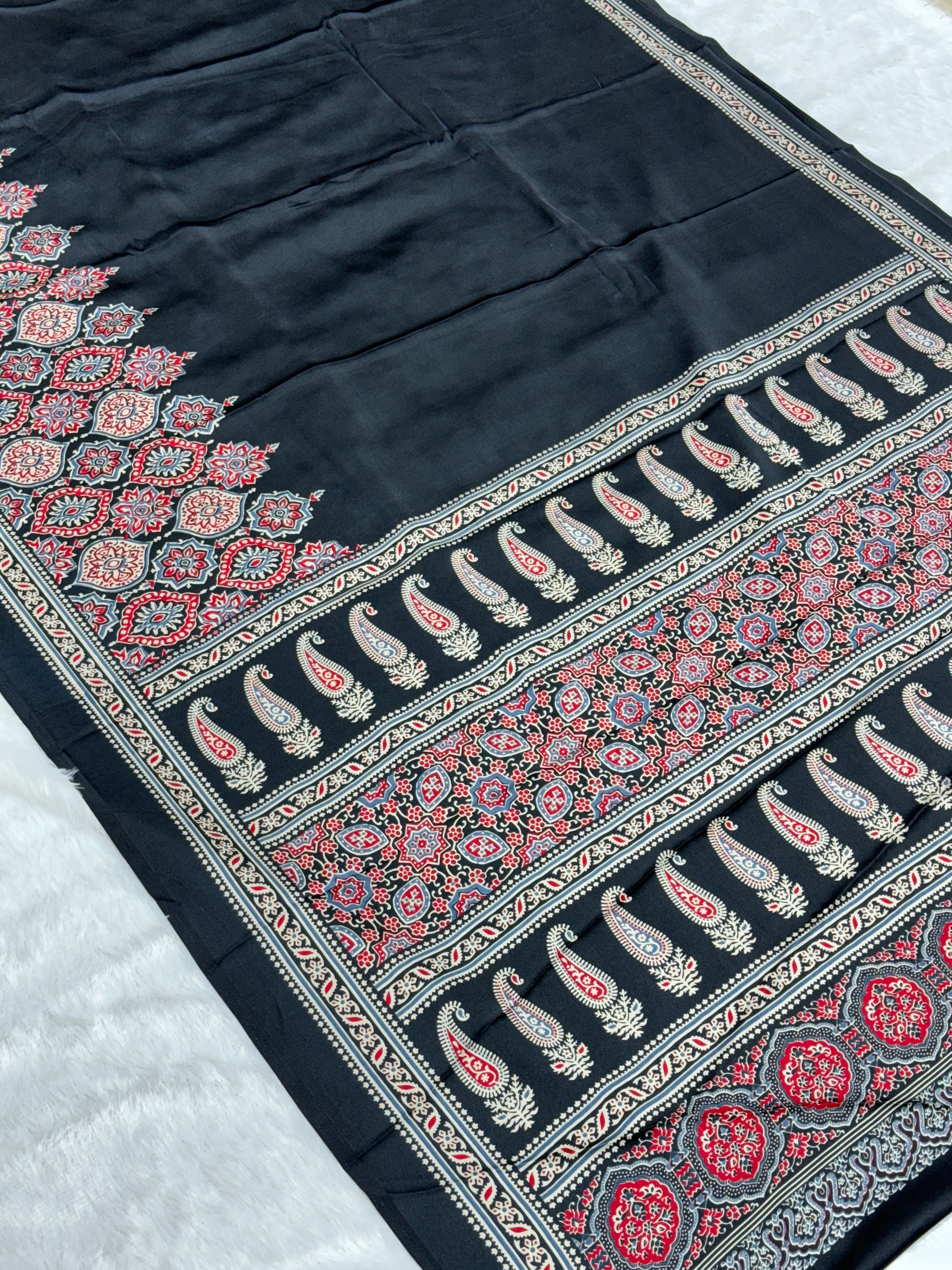 Black Ajrakh Printed Modal Silk Plain Saree