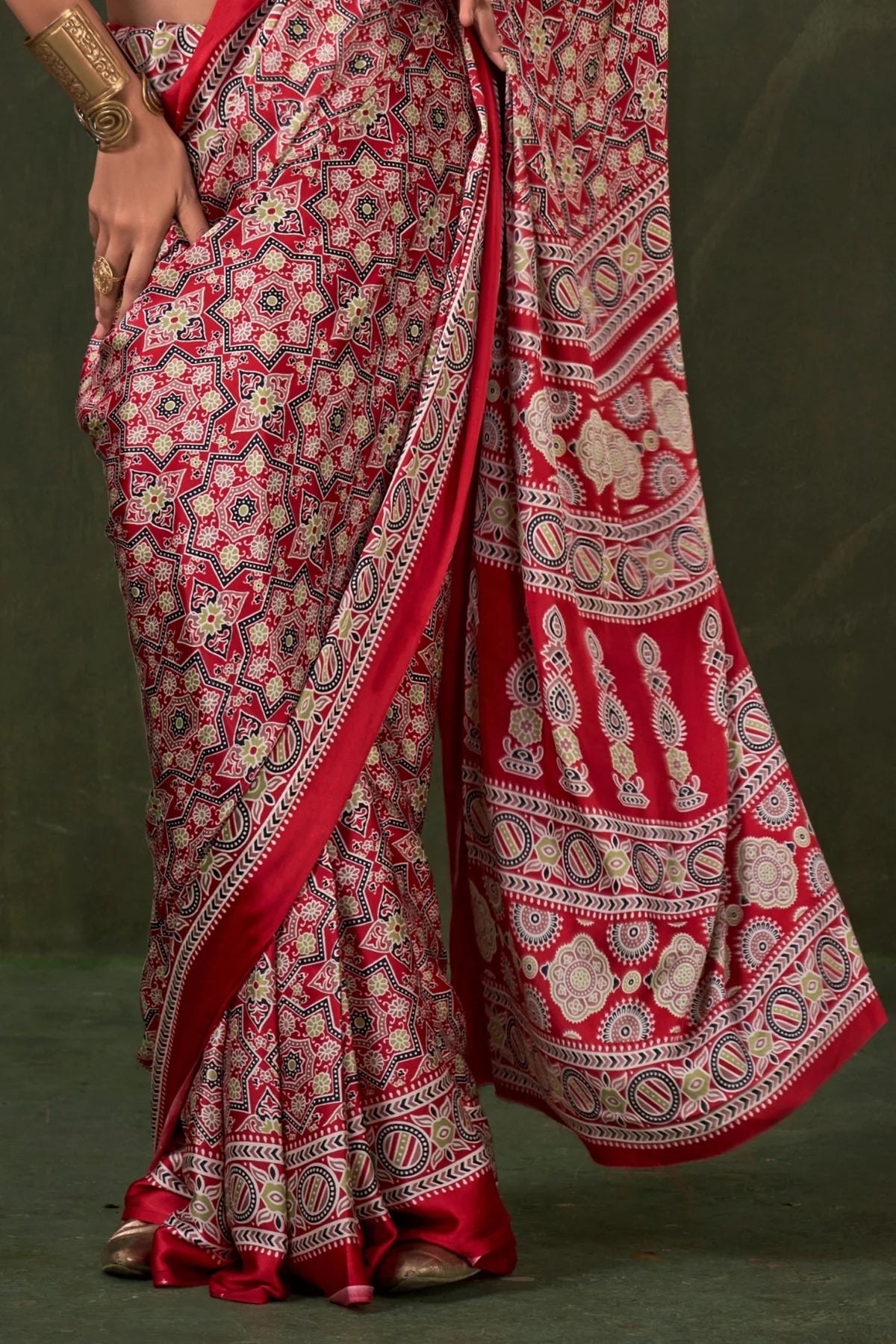 Red Ajrakh Printed Satin Crepe Silk Saree