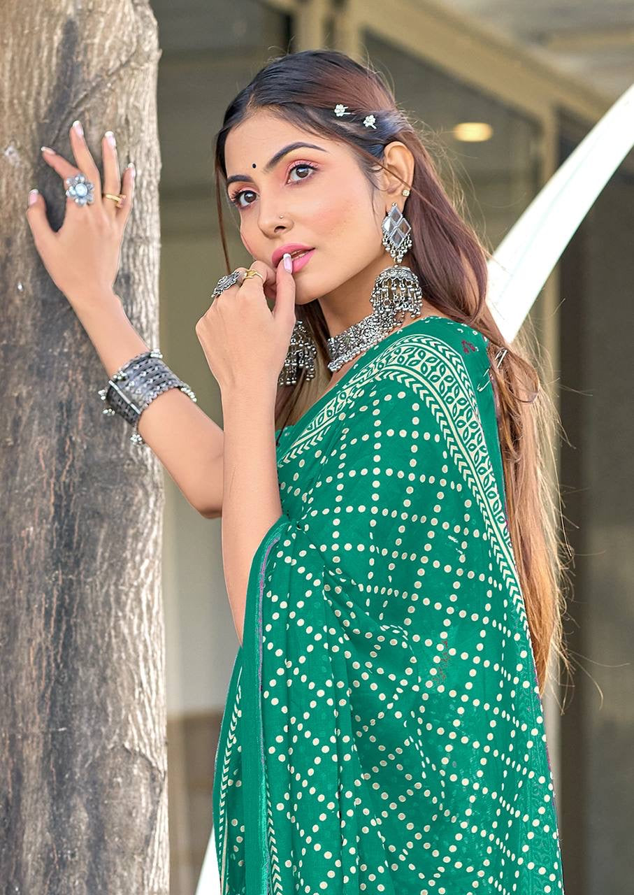 Green Bandhani Print Cotton Saree