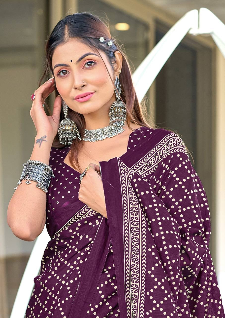 Wine Bandhani Print Cotton Saree