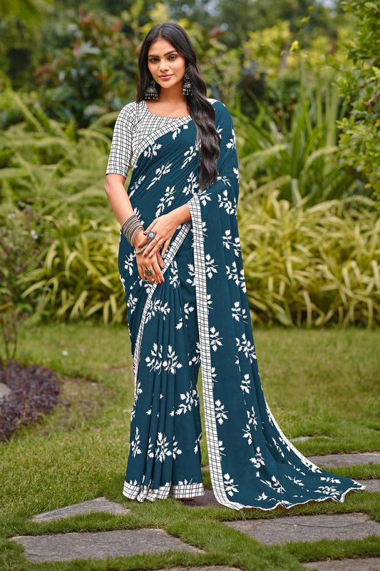 Teal Blue Serenity Floral Saree