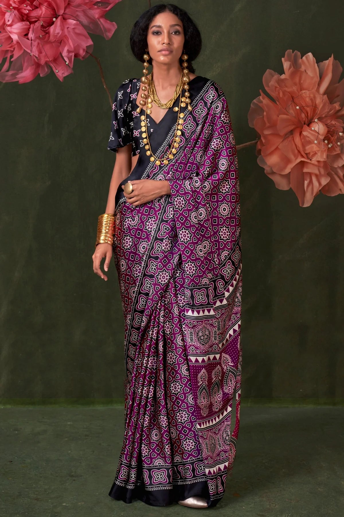 Purple Ajrakh Printed Satin Crepe Silk Saree