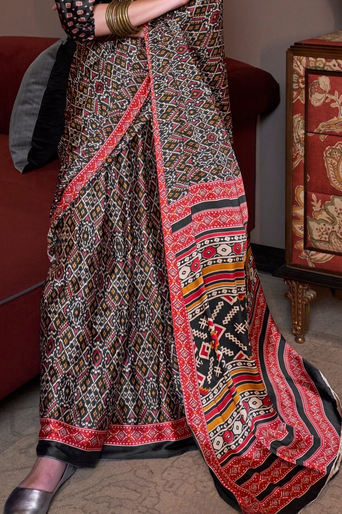 Black and Red Ajrakh Patola Printed Satin Crepe Saree