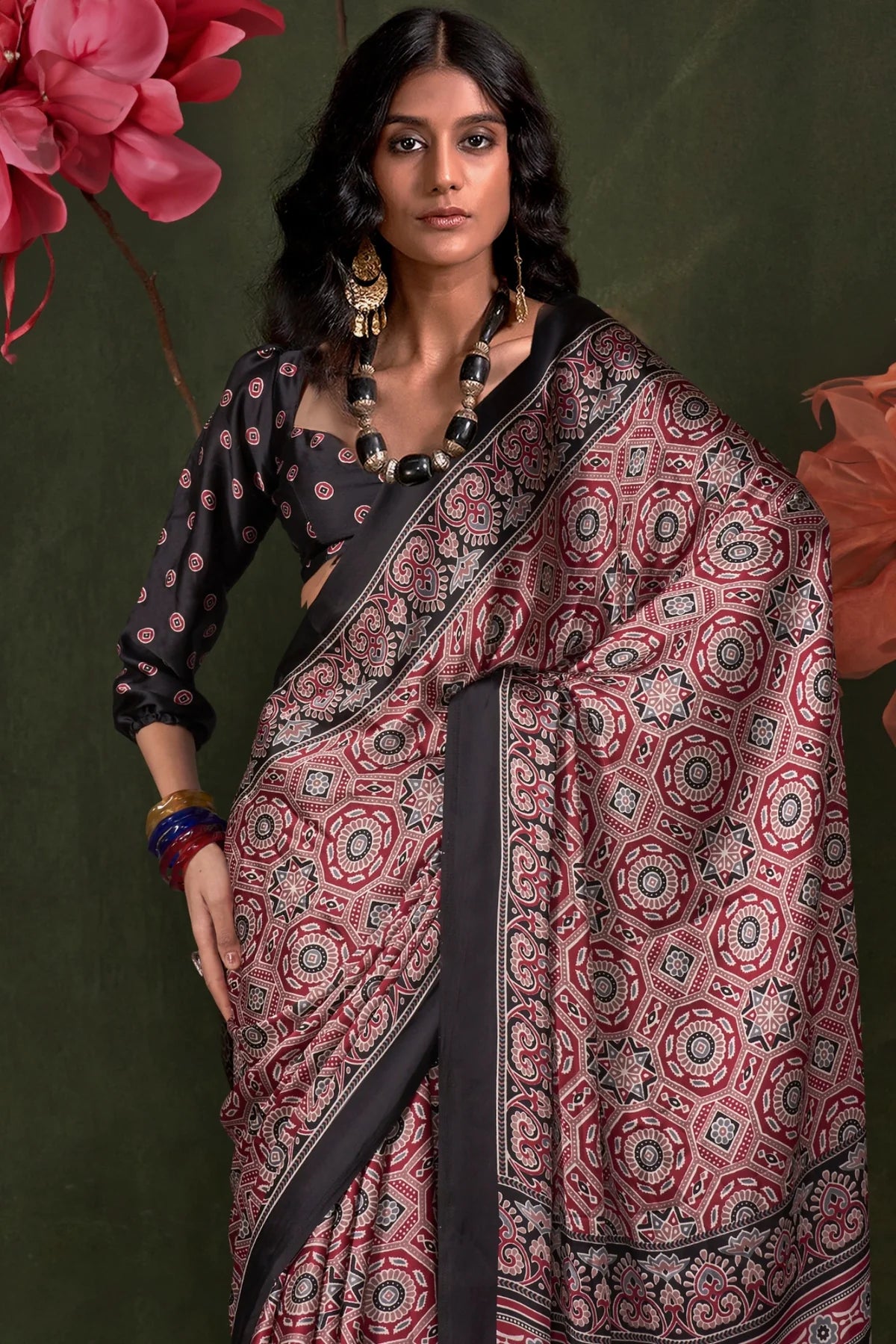 Maroon and Black Ajrakh Printed Satin Crepe Silk Saree