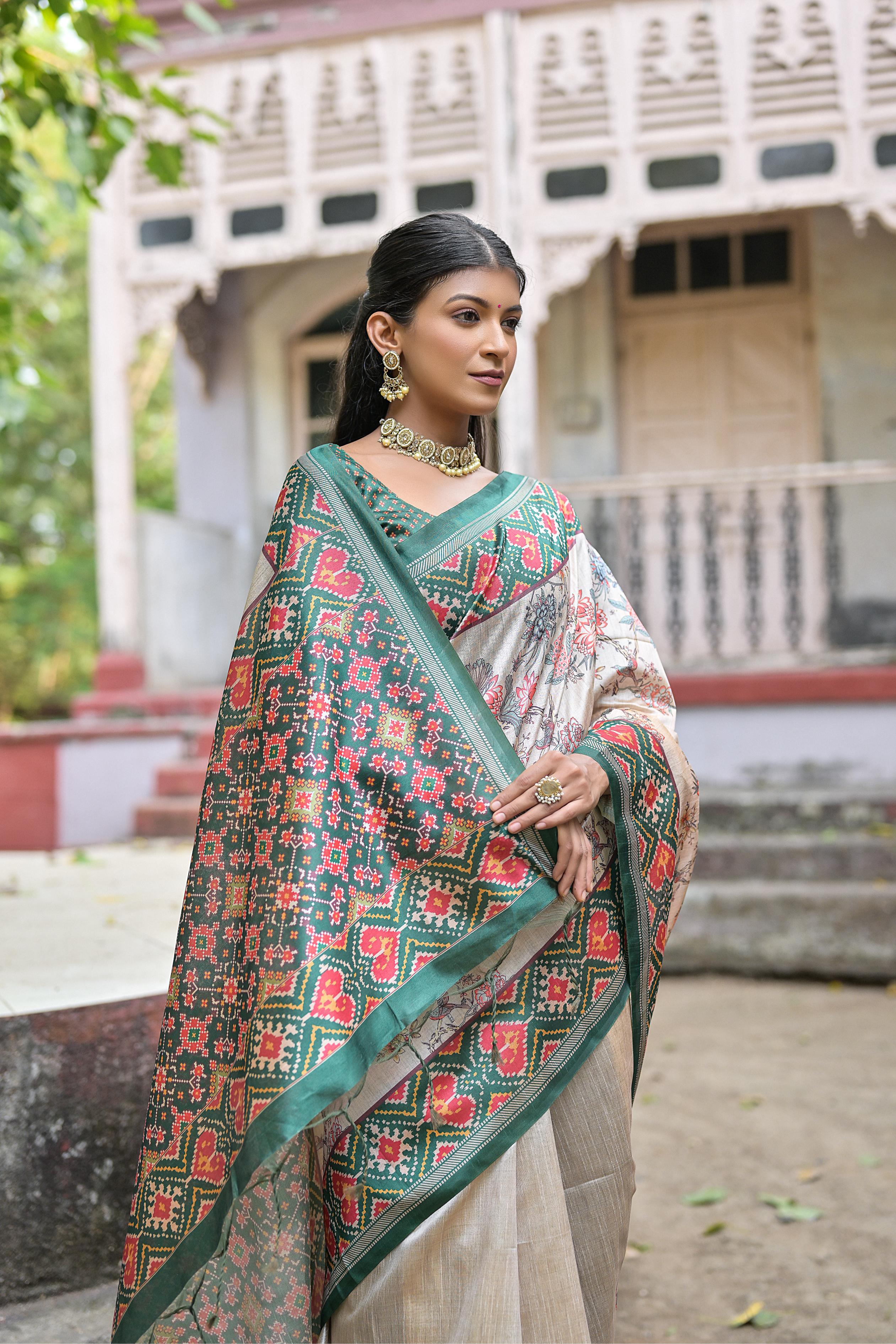 Elegant Beige Patola Silk Saree