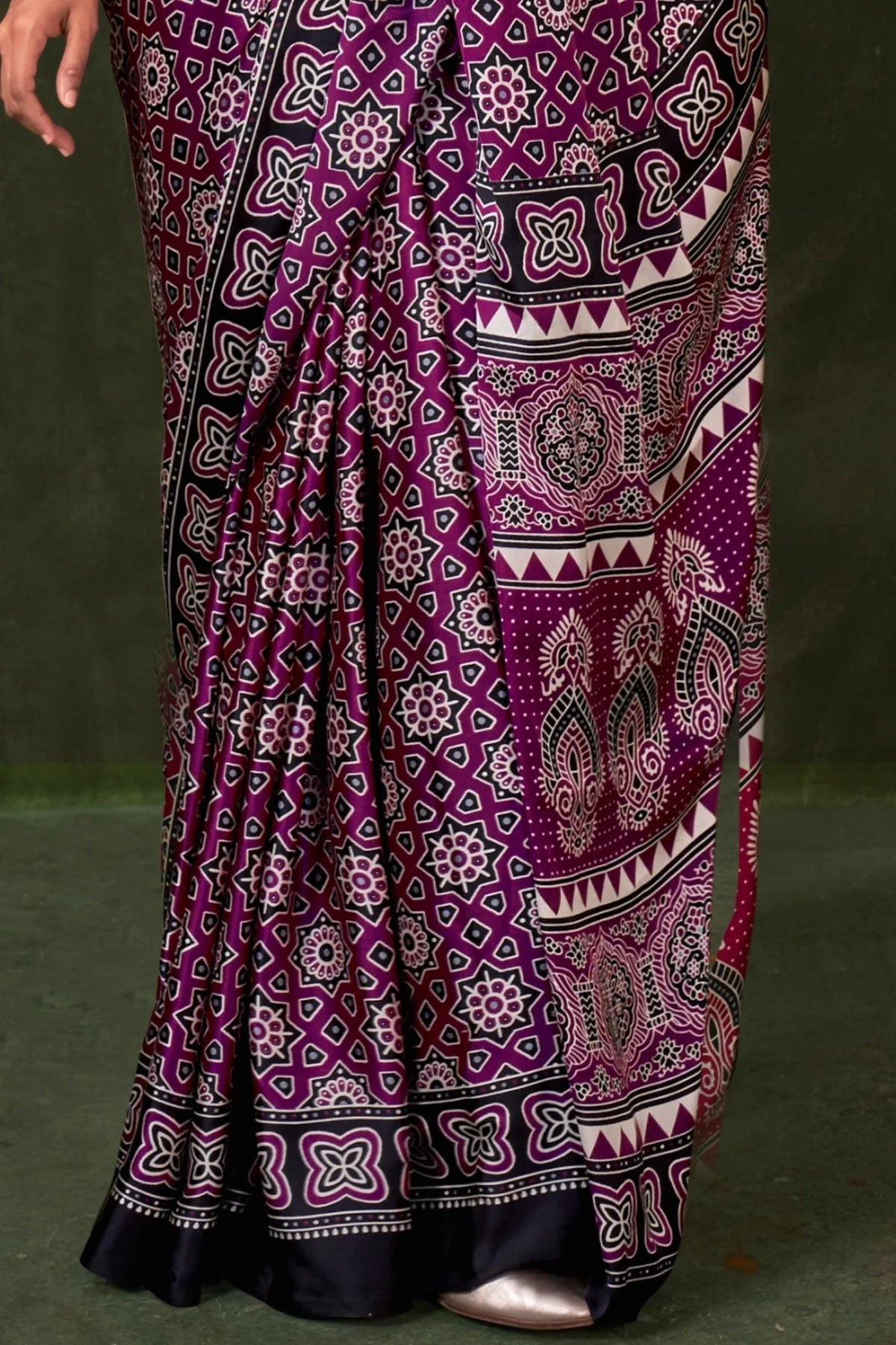 Purple Ajrakh Printed Satin Crepe Silk Saree