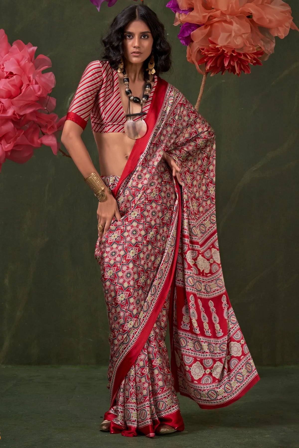 Red Ajrakh Printed Satin Crepe Silk Saree