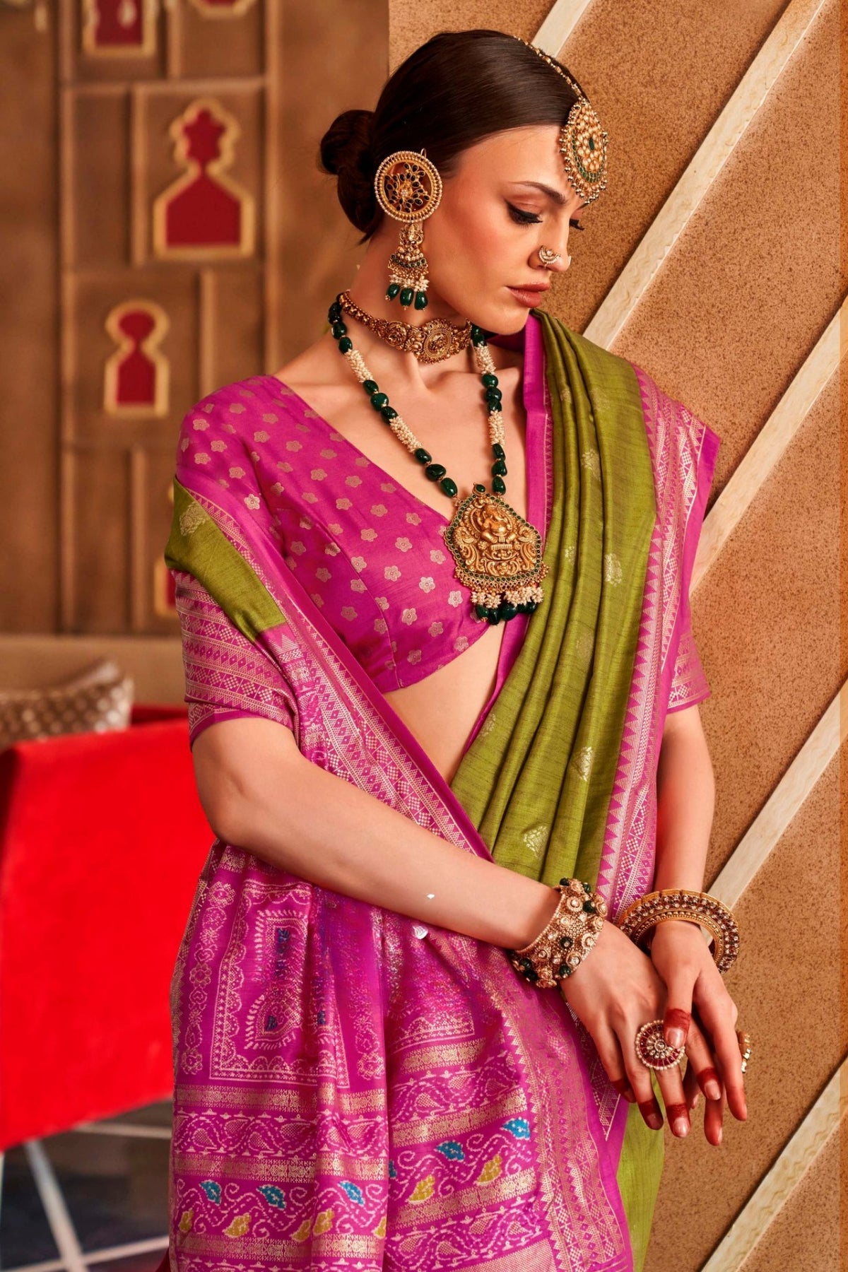 Green and Pink Printed Patola Saree