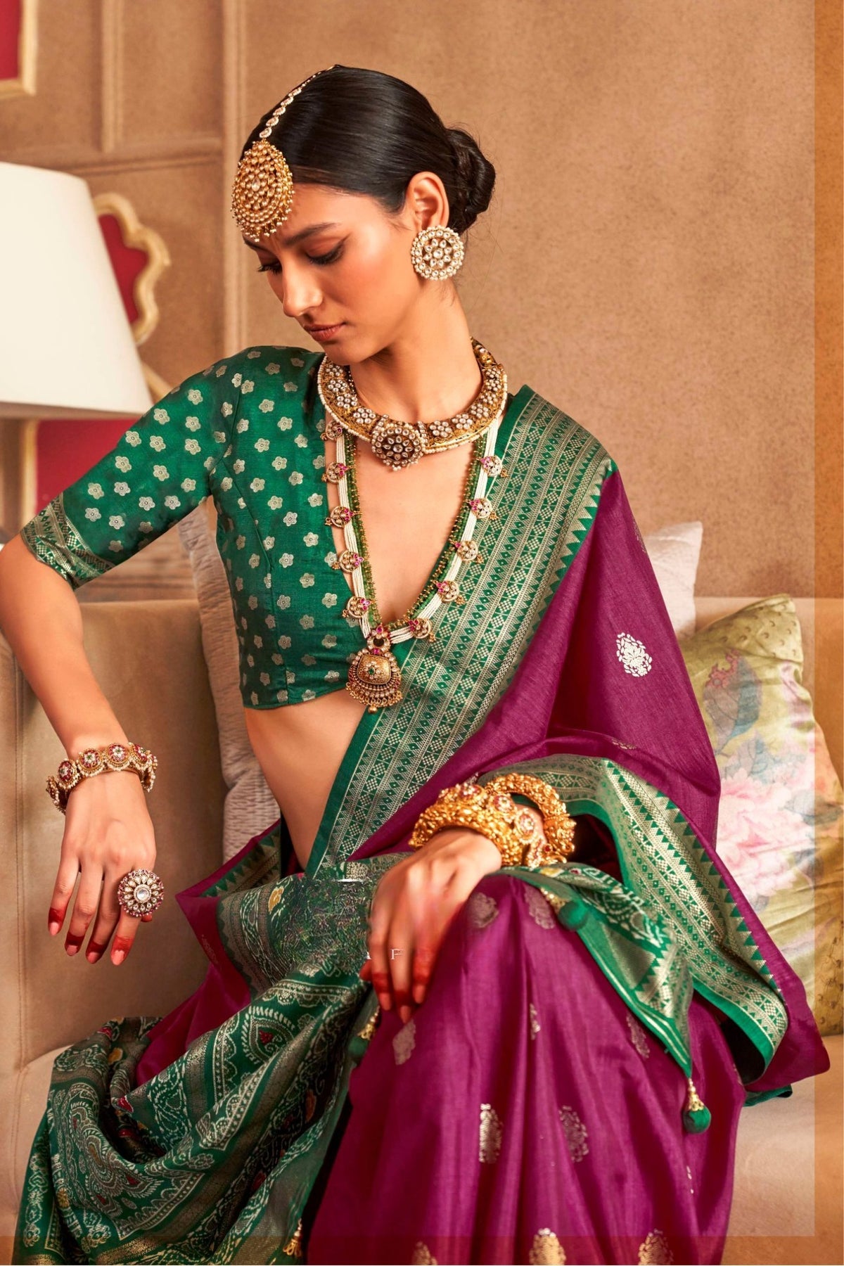 Purple and Green Printed Patola Saree