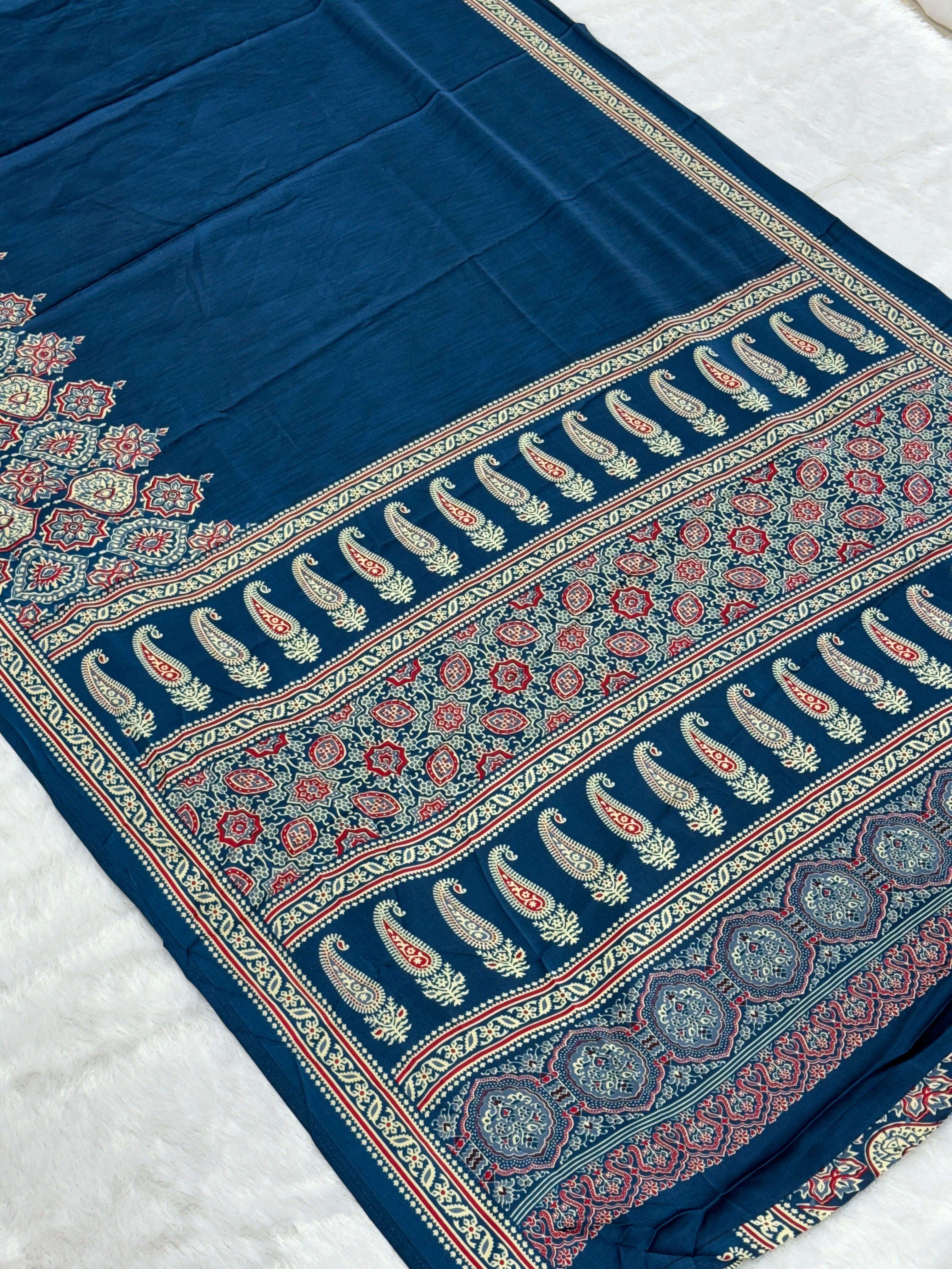 Blue Ajrakh Printed Modal Silk Plain Saree