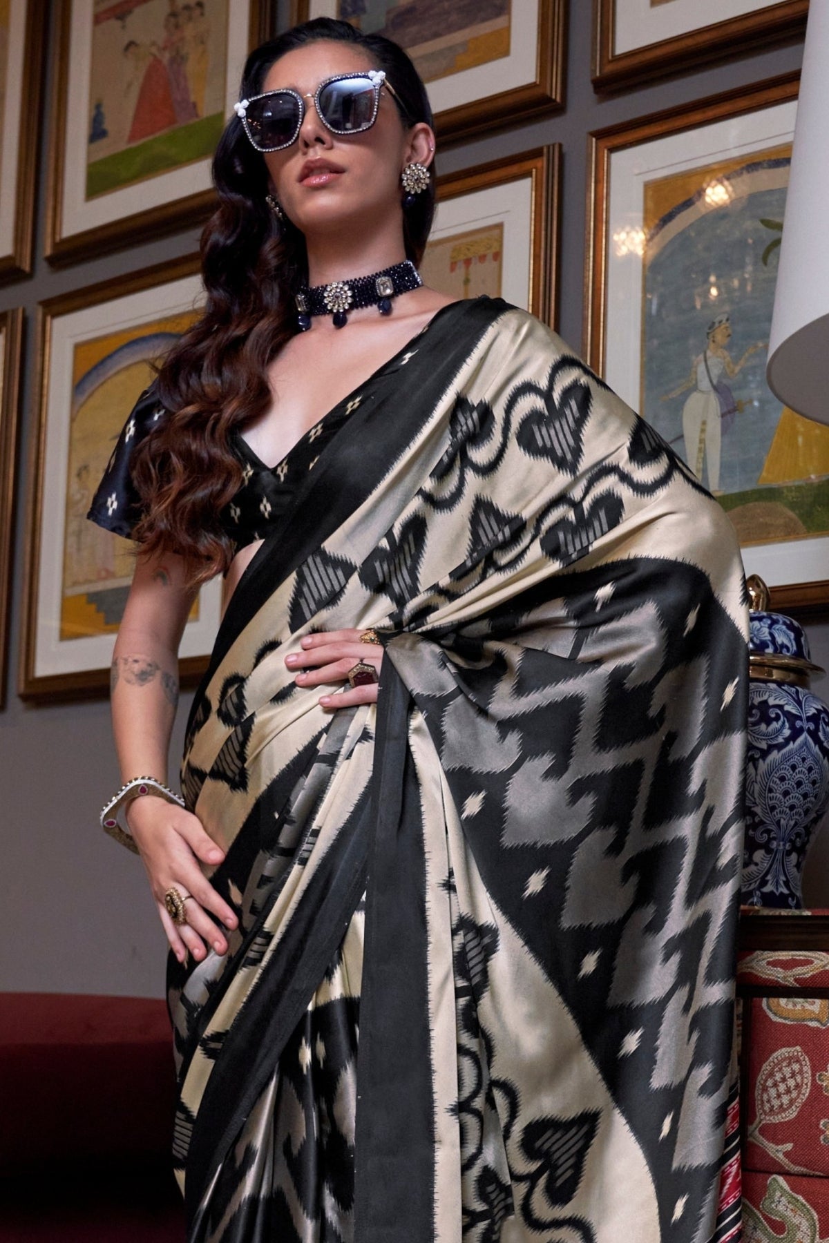 Black and Cream Ajrakh Patola Printed Satin Crepe Saree