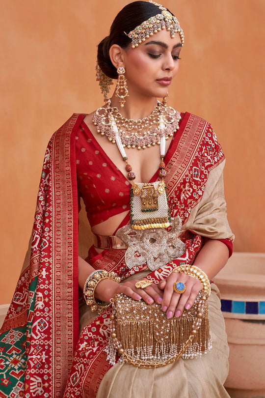 Elegant Beige Handwoven Patola Silk Saree