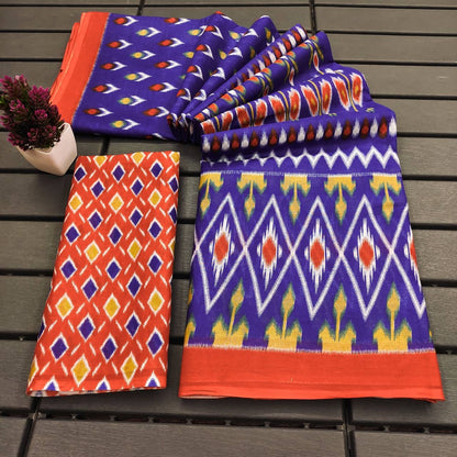 Royal Blue and Orange Ikkat Cotton Saree