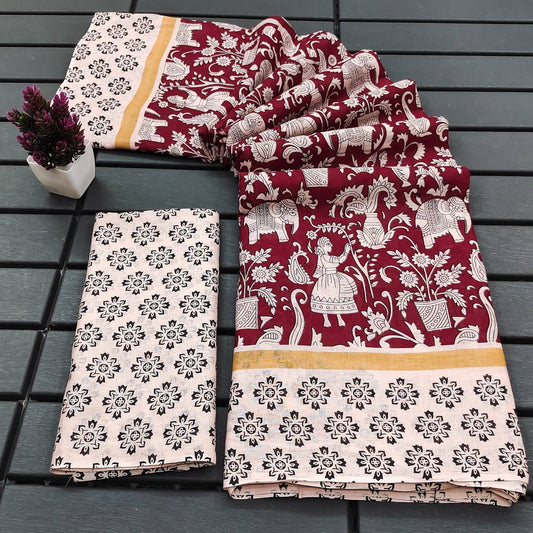 Graceful Maroon and Black Kalamkari Cotton Saree