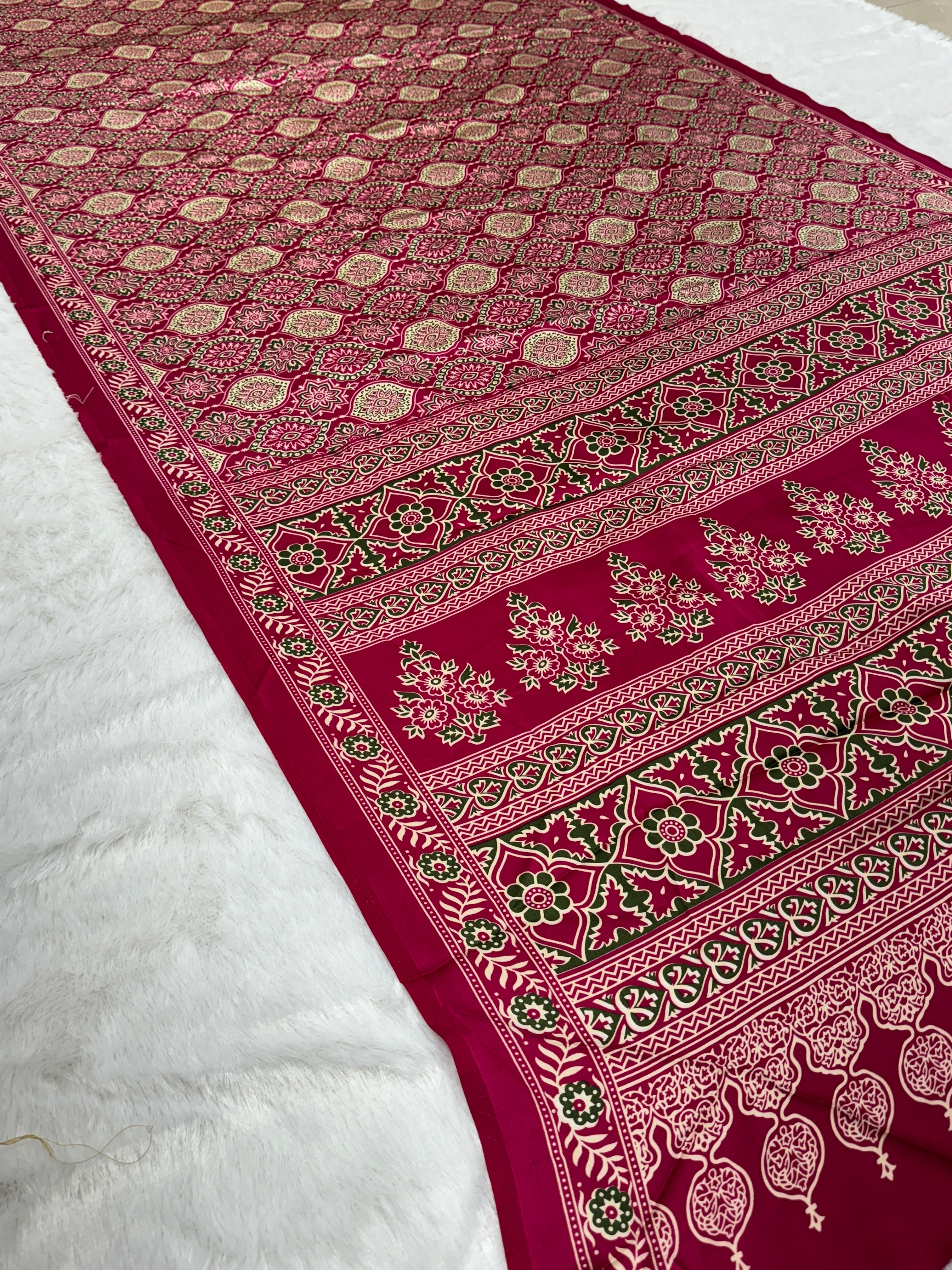 Rani Pink Printed Ajrakh Satin Crepe Silk Saree