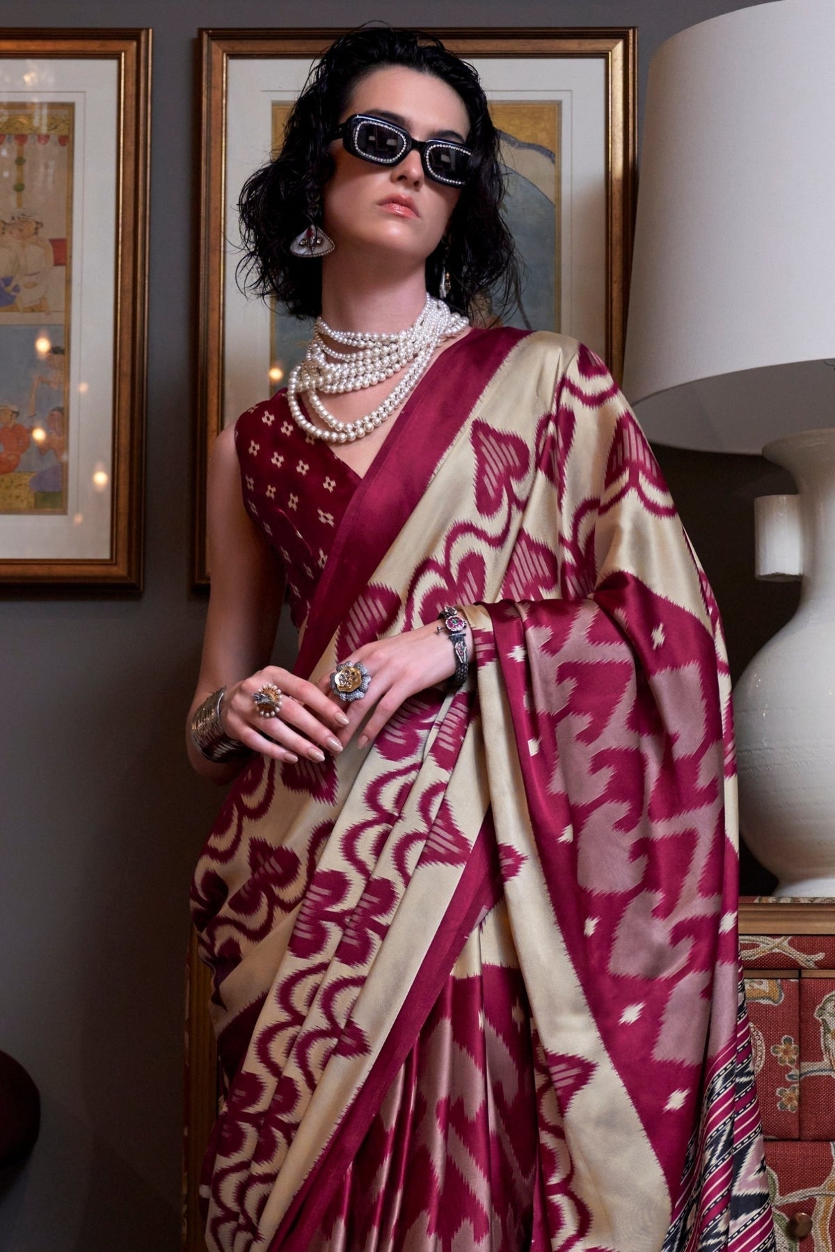 Aesthetic Maroon Ajrakh Patola Printed Satin Crepe Saree