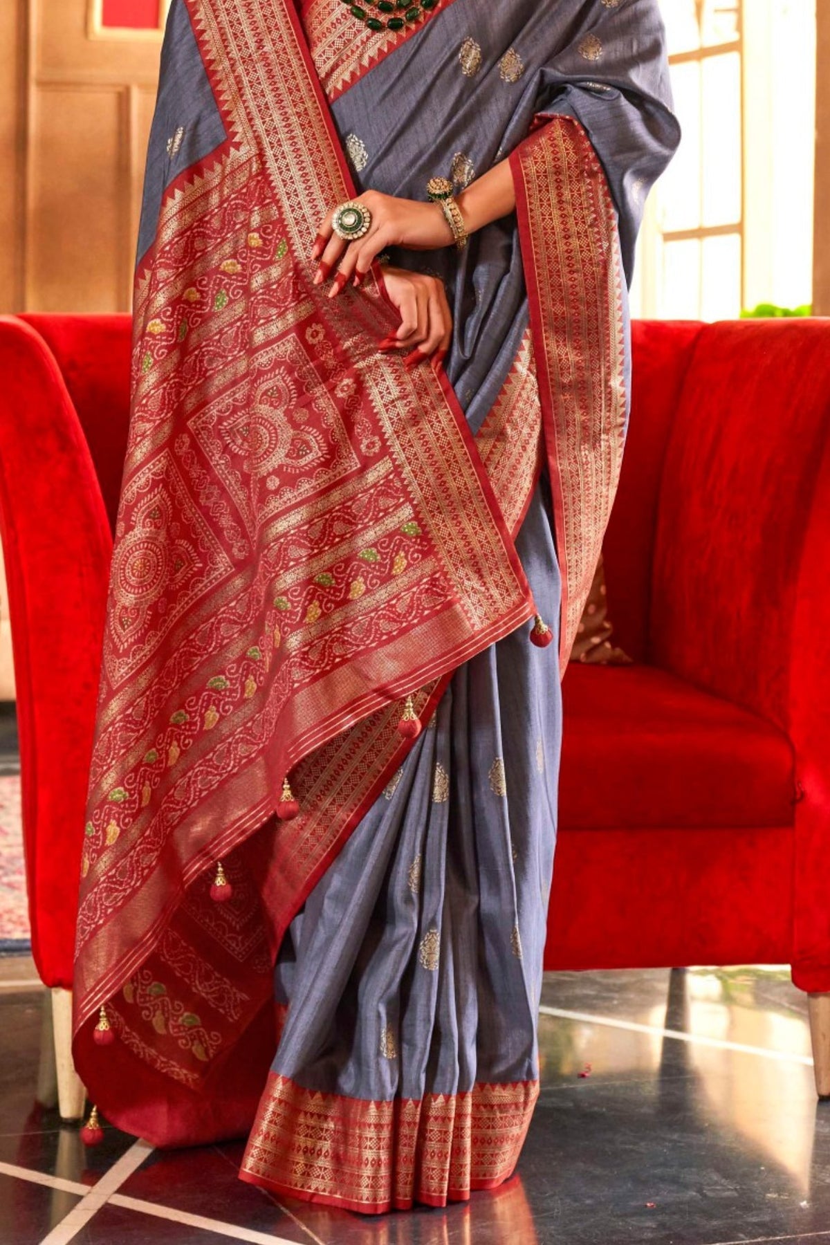 Grey and Red Printed Patola Saree