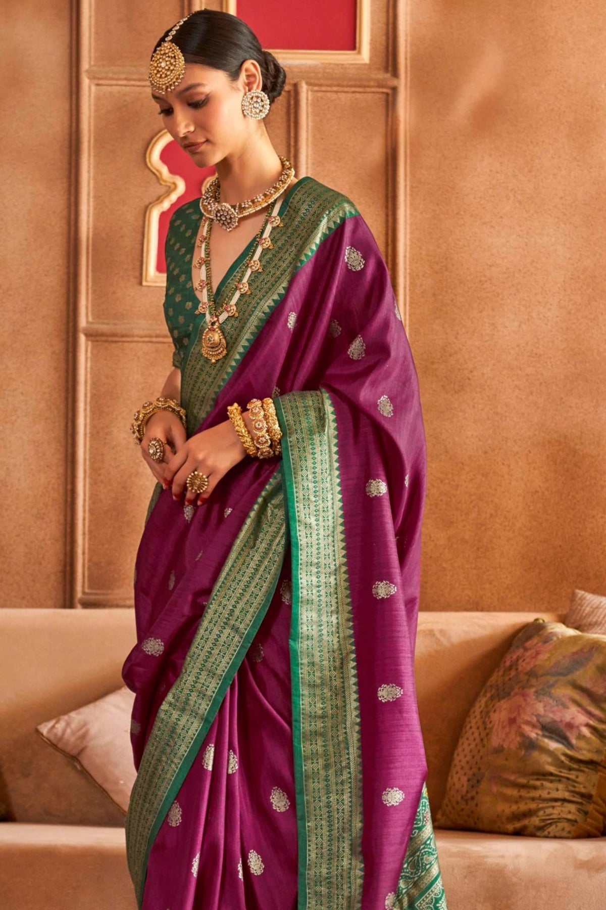 Purple and Green Printed Patola Saree