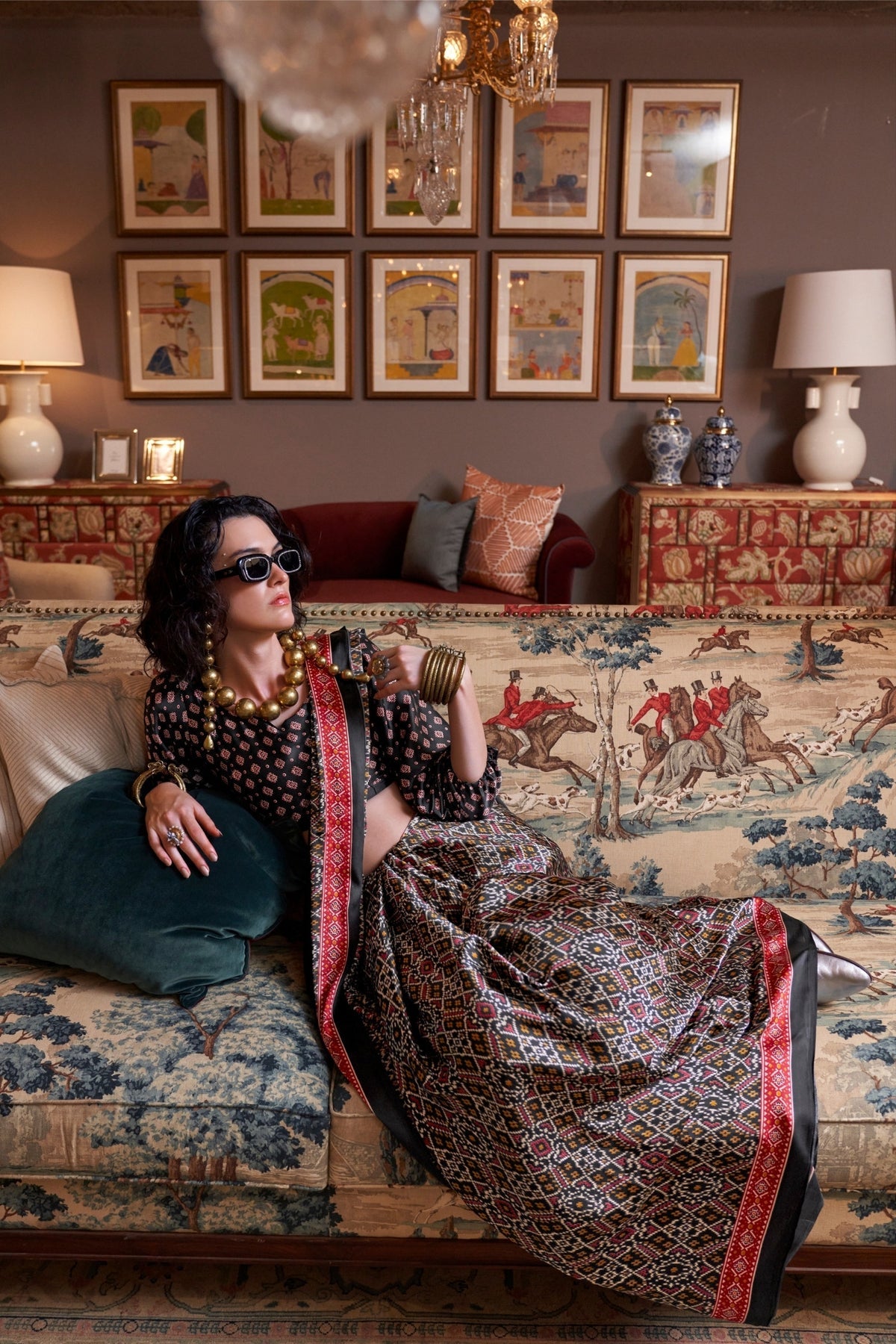 Black and Red Ajrakh Patola Printed Satin Crepe Saree