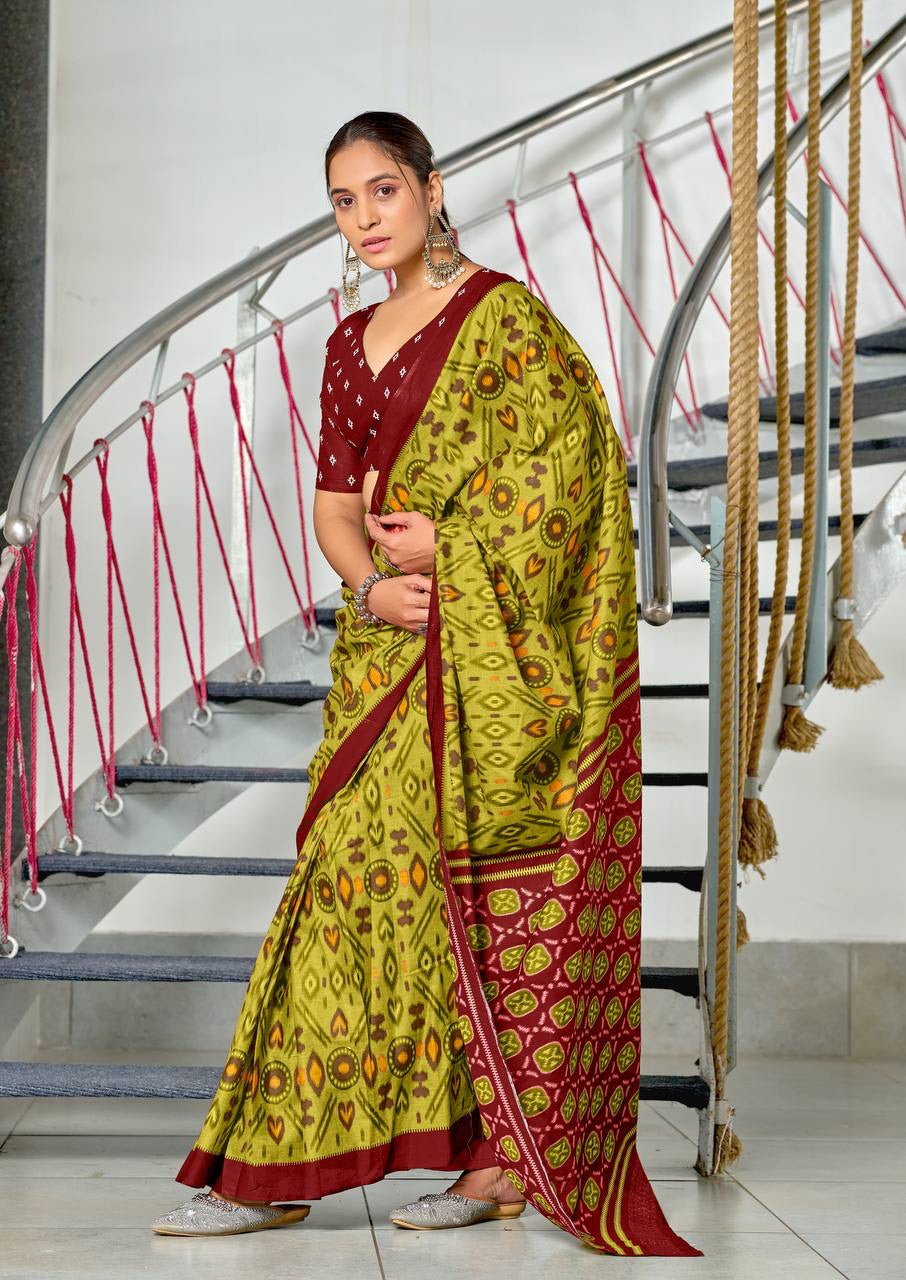 Olive Green and Maroon Patola Saree