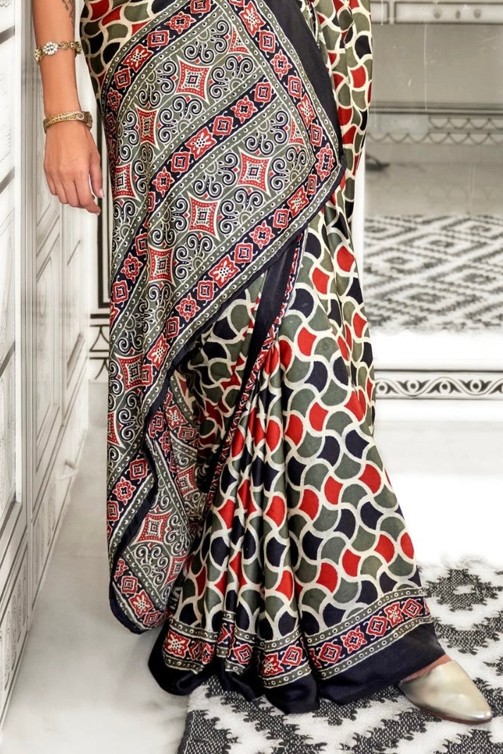 Green and Black Ajrakh Printed Satin Crepe Saree