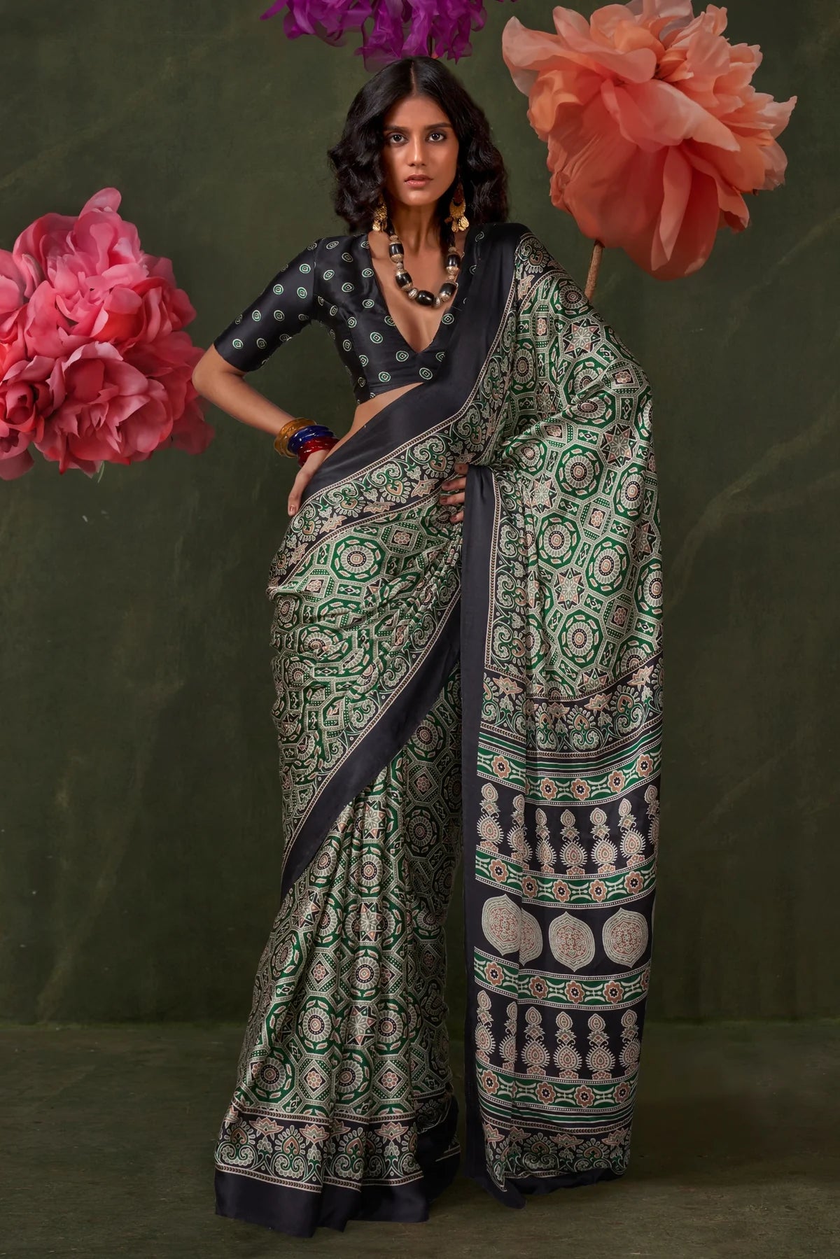 Green Ajrakh Printed Satin Crepe Silk Saree