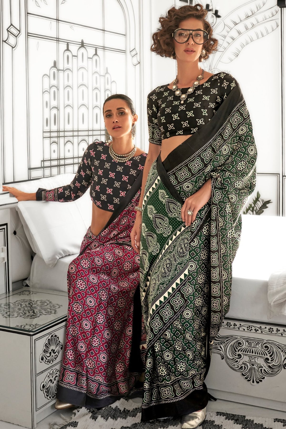 Green Ajrakh Printed Satin Crepe Saree