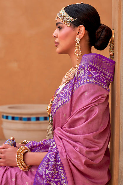 Lilac Pink Handwoven Patola Silk Saree