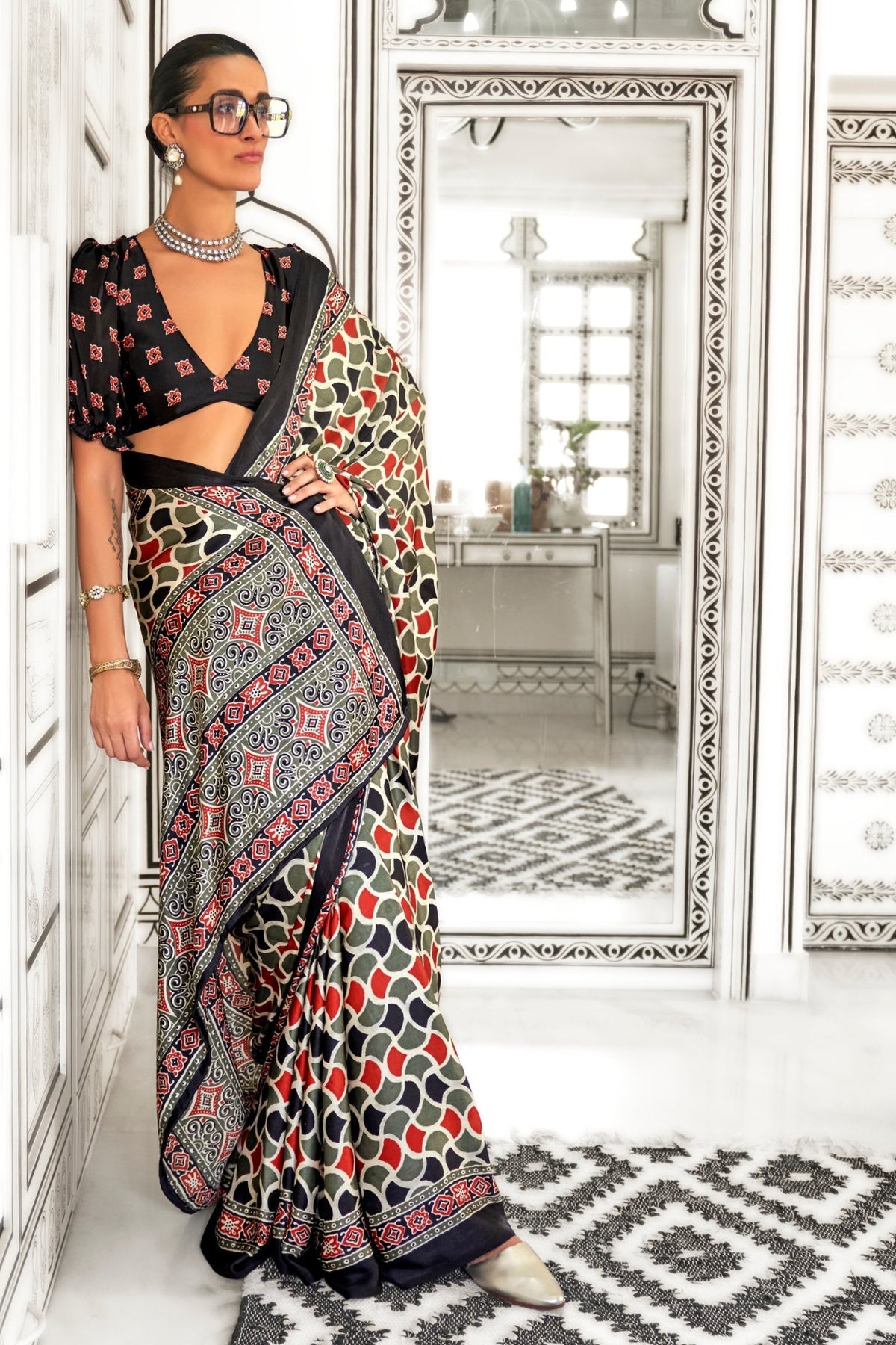 Green and Black Ajrakh Printed Satin Crepe Saree