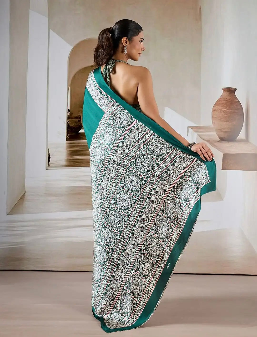 Emerald Green Ajrakh Gala Border Saree