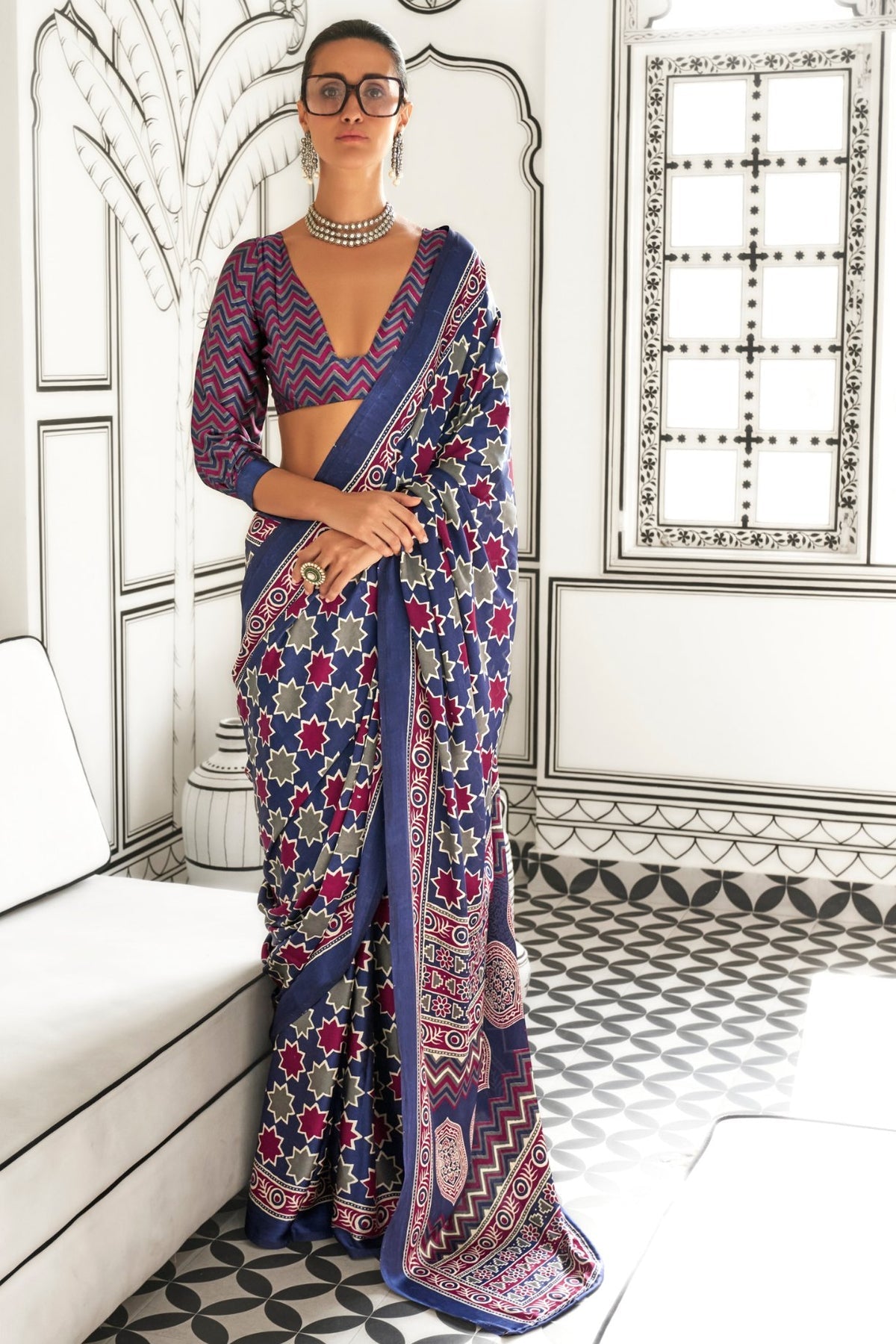 Comet Purple Ajrakh Printed Satin Crepe Saree
